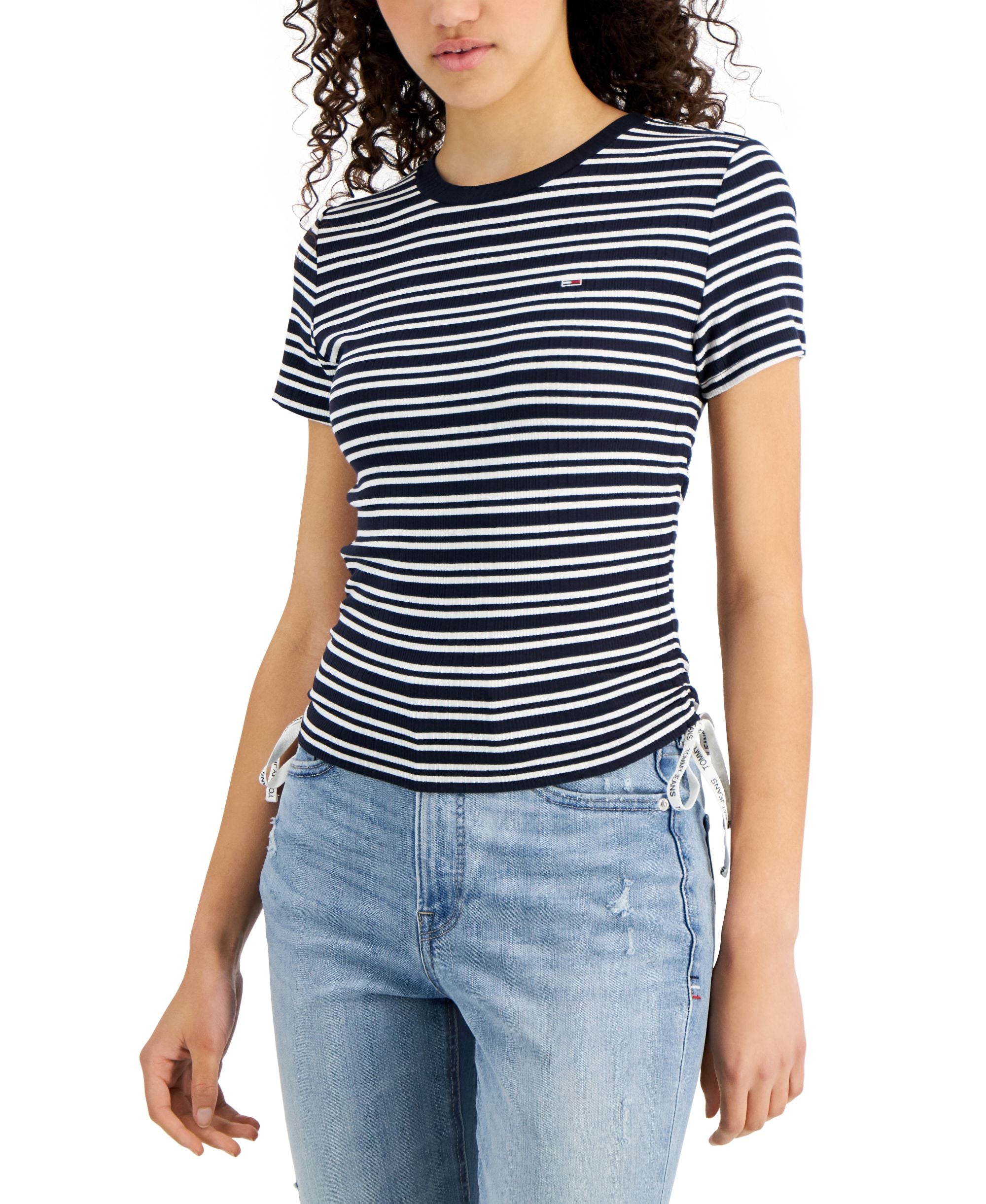 Striped Side-Ruched Ribbed T-Shirt