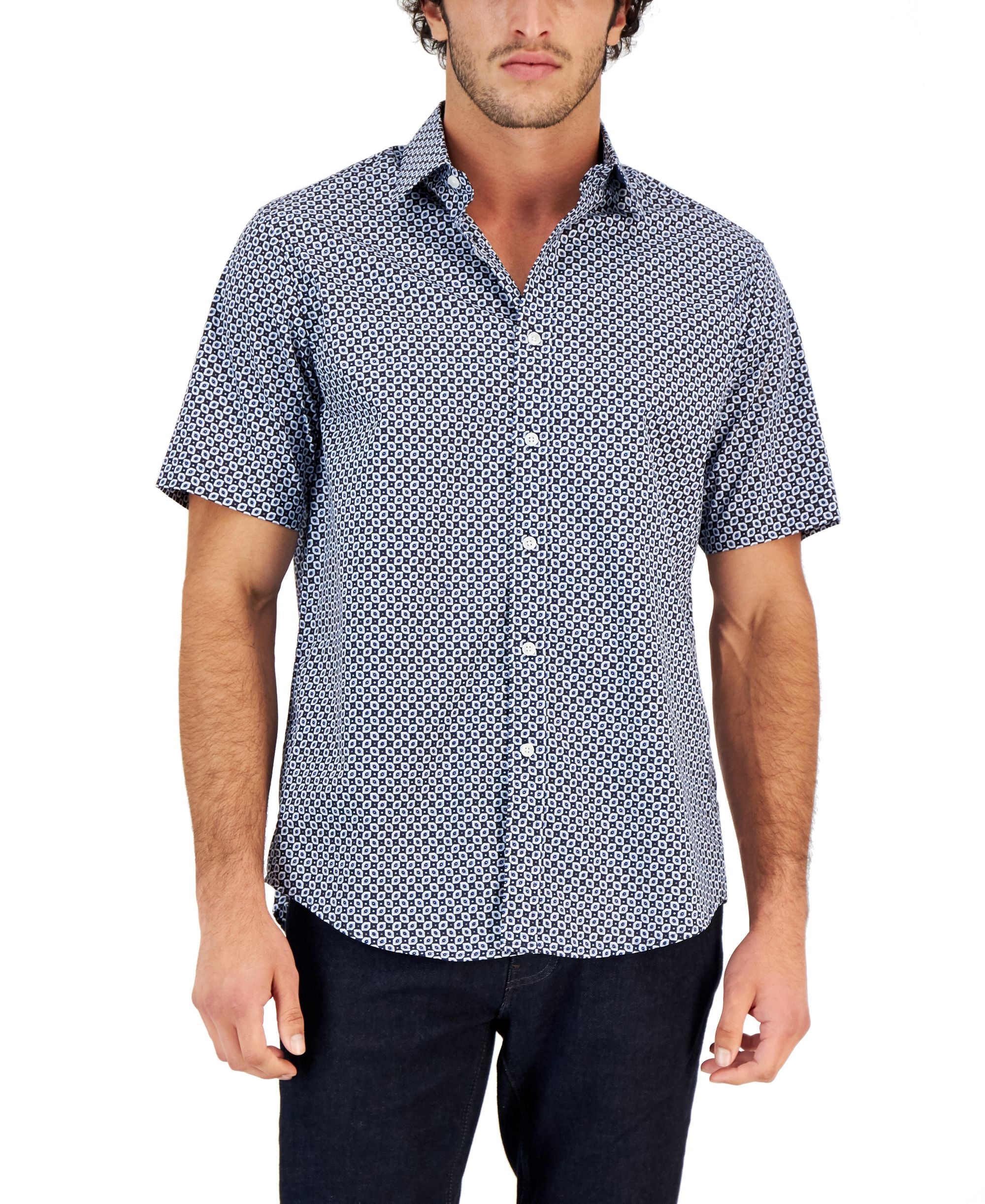 Club Room Mens Geometric Woven Short Sleeve Button Up Shirt