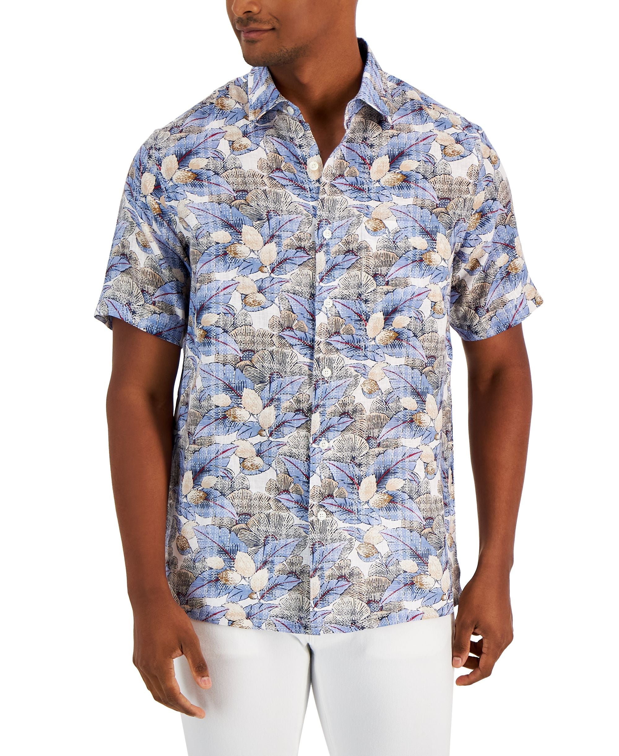 Club Room Mens Floral Linen Short Sleeve Button Up Shirt