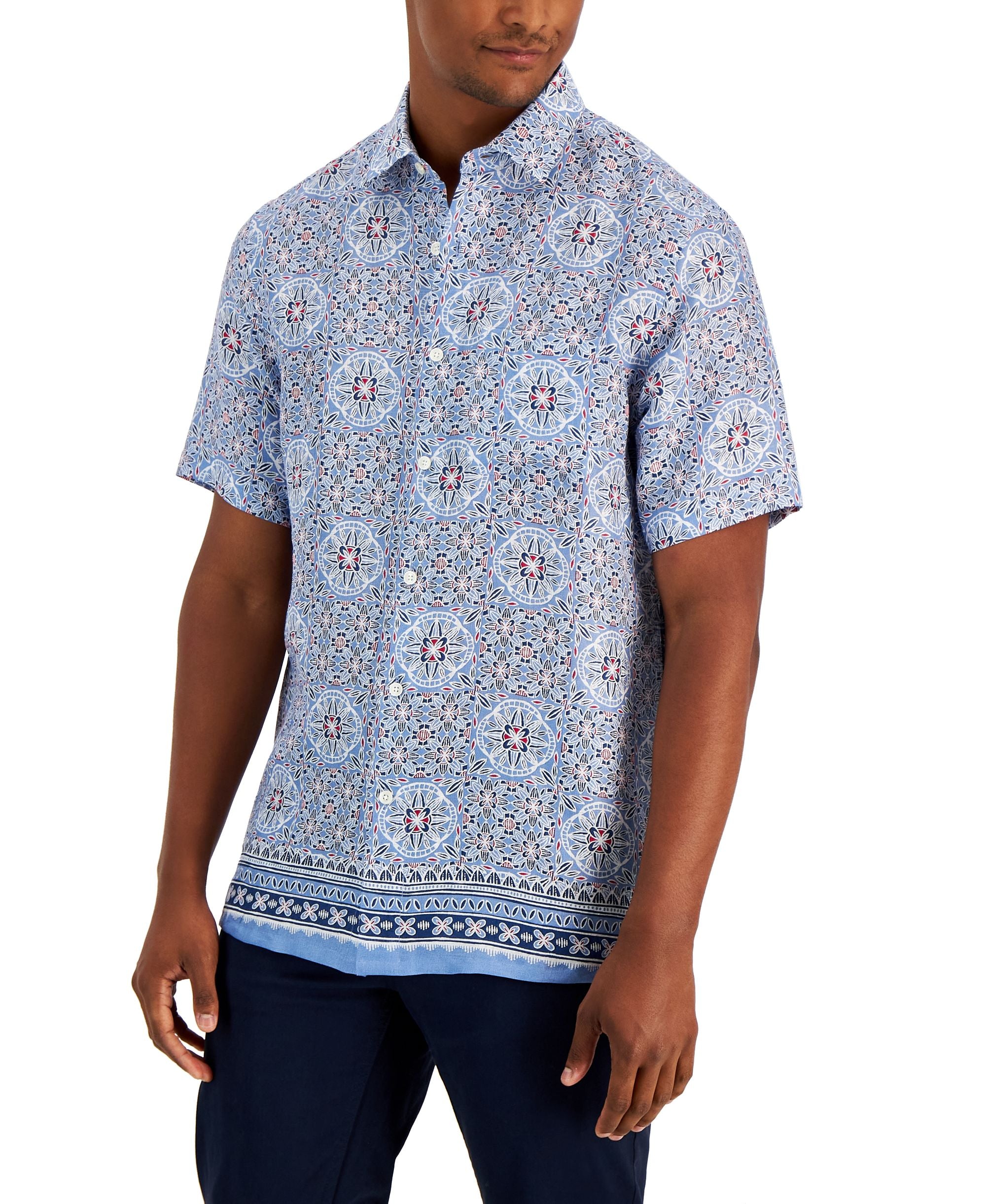 Club Room Mens Geometric Medallion Linen Short Sleeve Button Up Shirt
