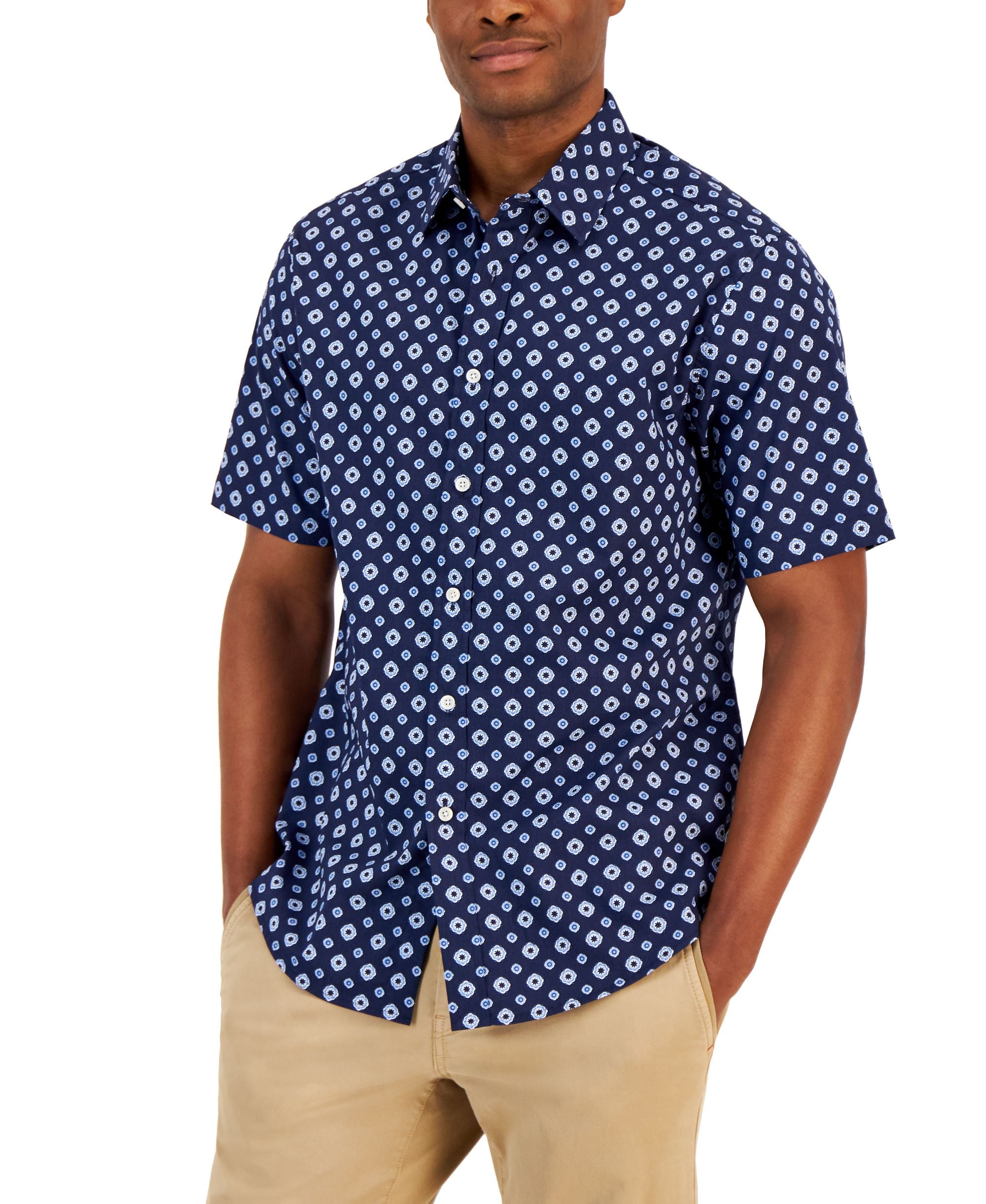 Club Room Mens Pisa Medallion Print Refined Woven Short Sleeve Shirt