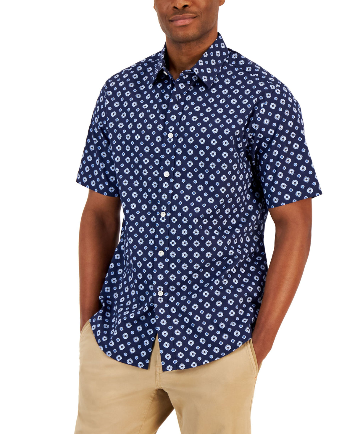 Club Room Mens Pisa Medallion Print Refined Woven Short Sleeve Shirt