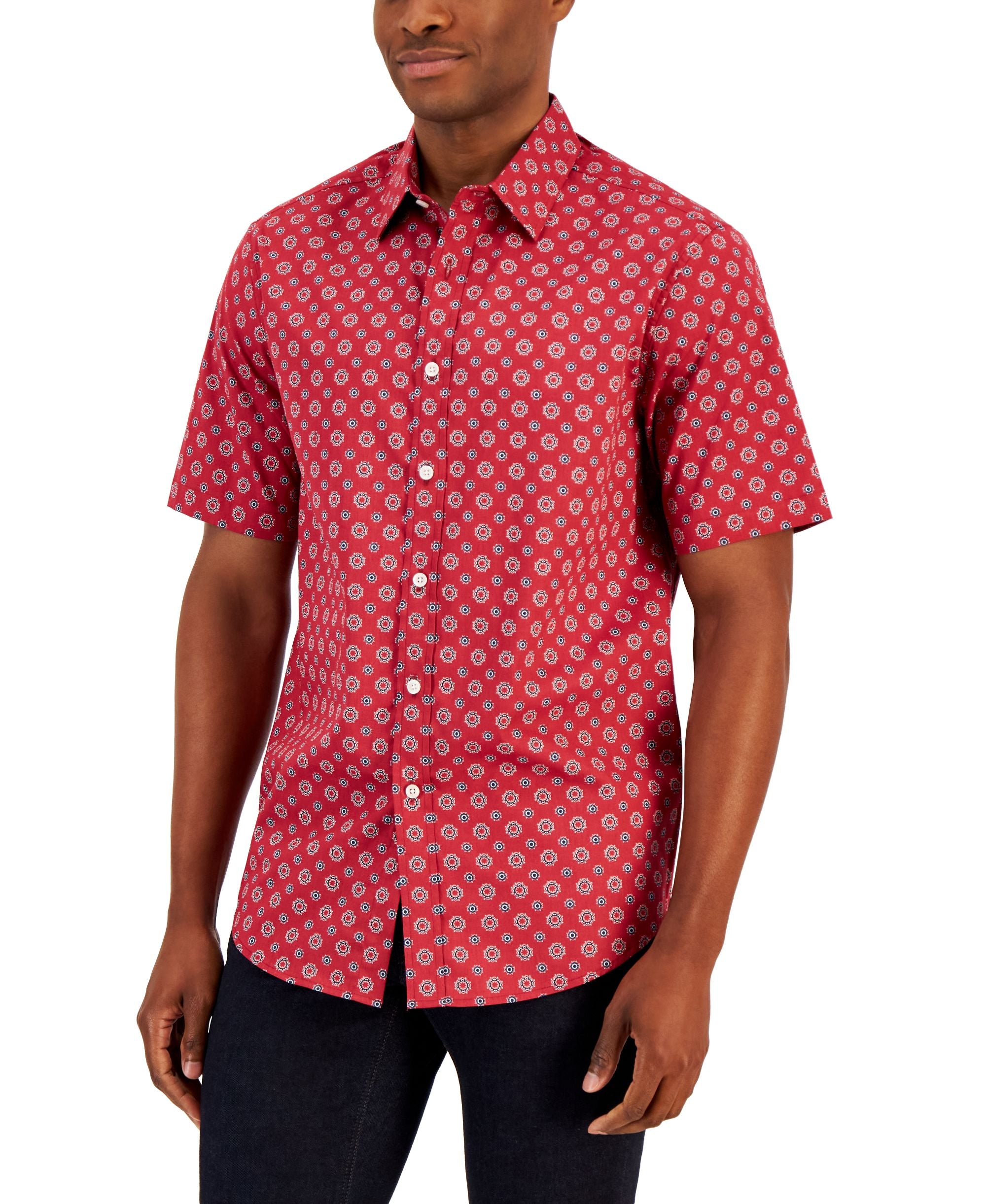 Club Room Mens Pisa Medallion Print Refined Woven Short Sleeve Shirt