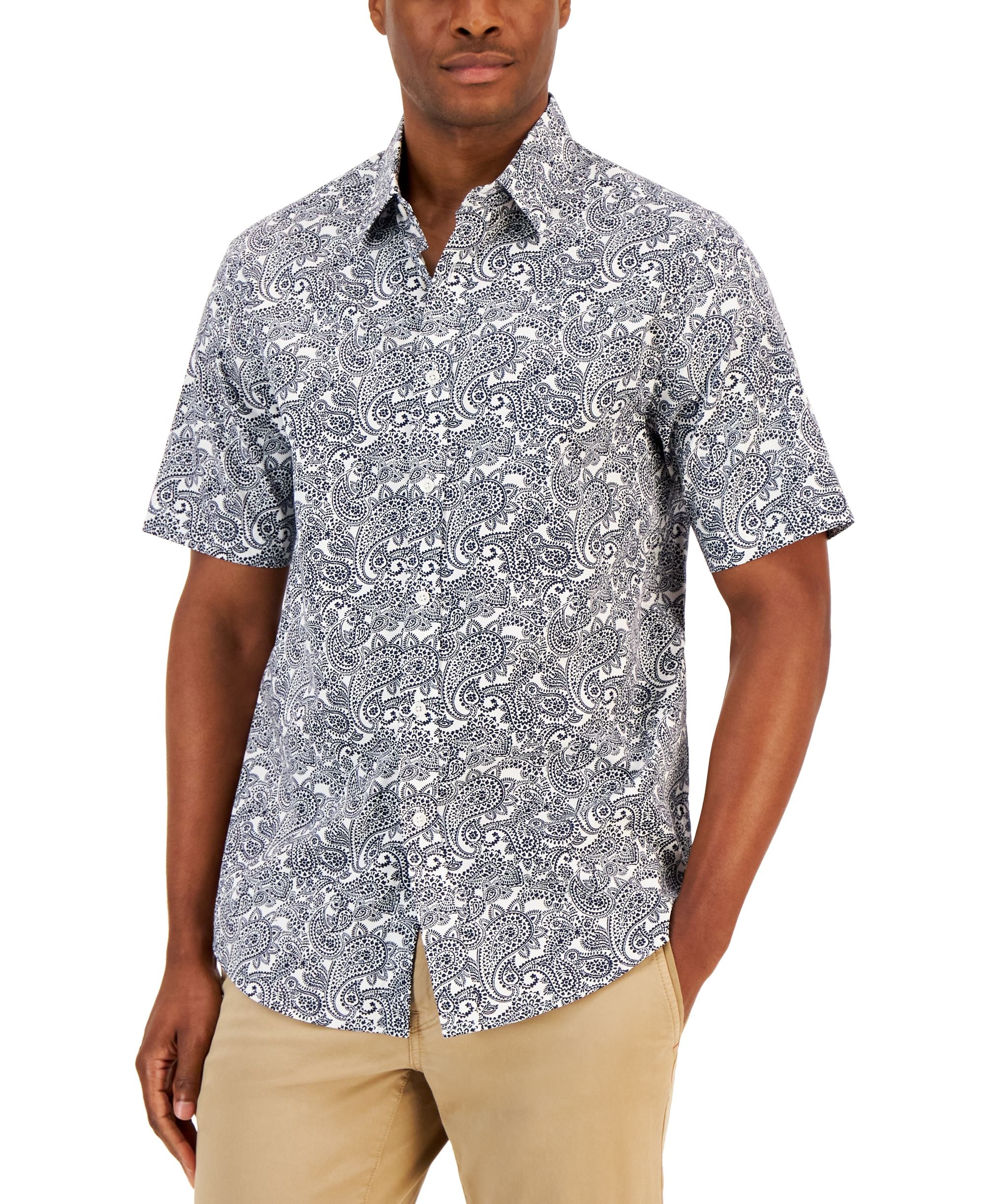 Club Room Mens Dramatic Paisley Refined Woven Short Sleeve Shirt