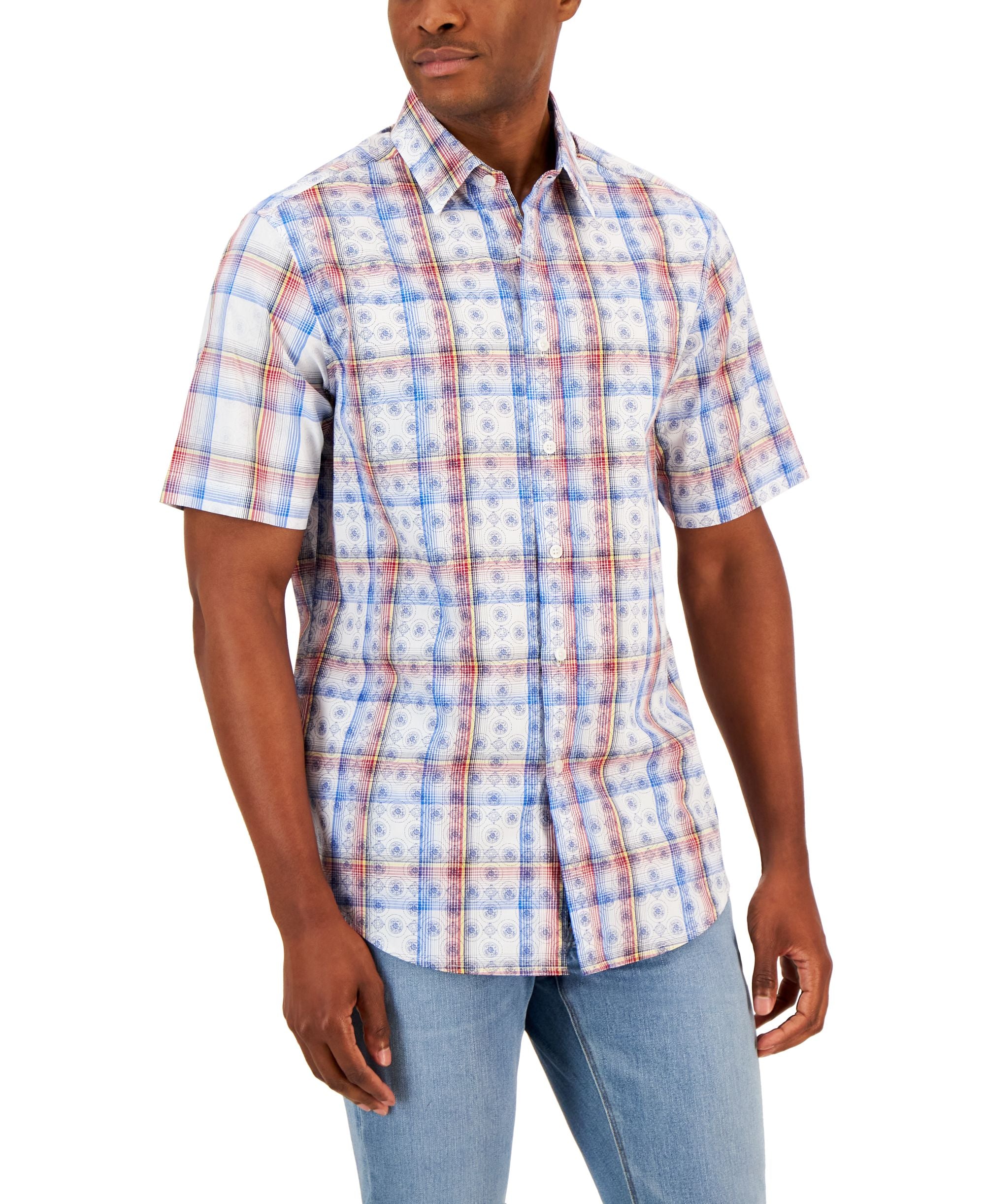 Club Room Mens Bally Plaid Refined Woven Short Sleeve Shirt