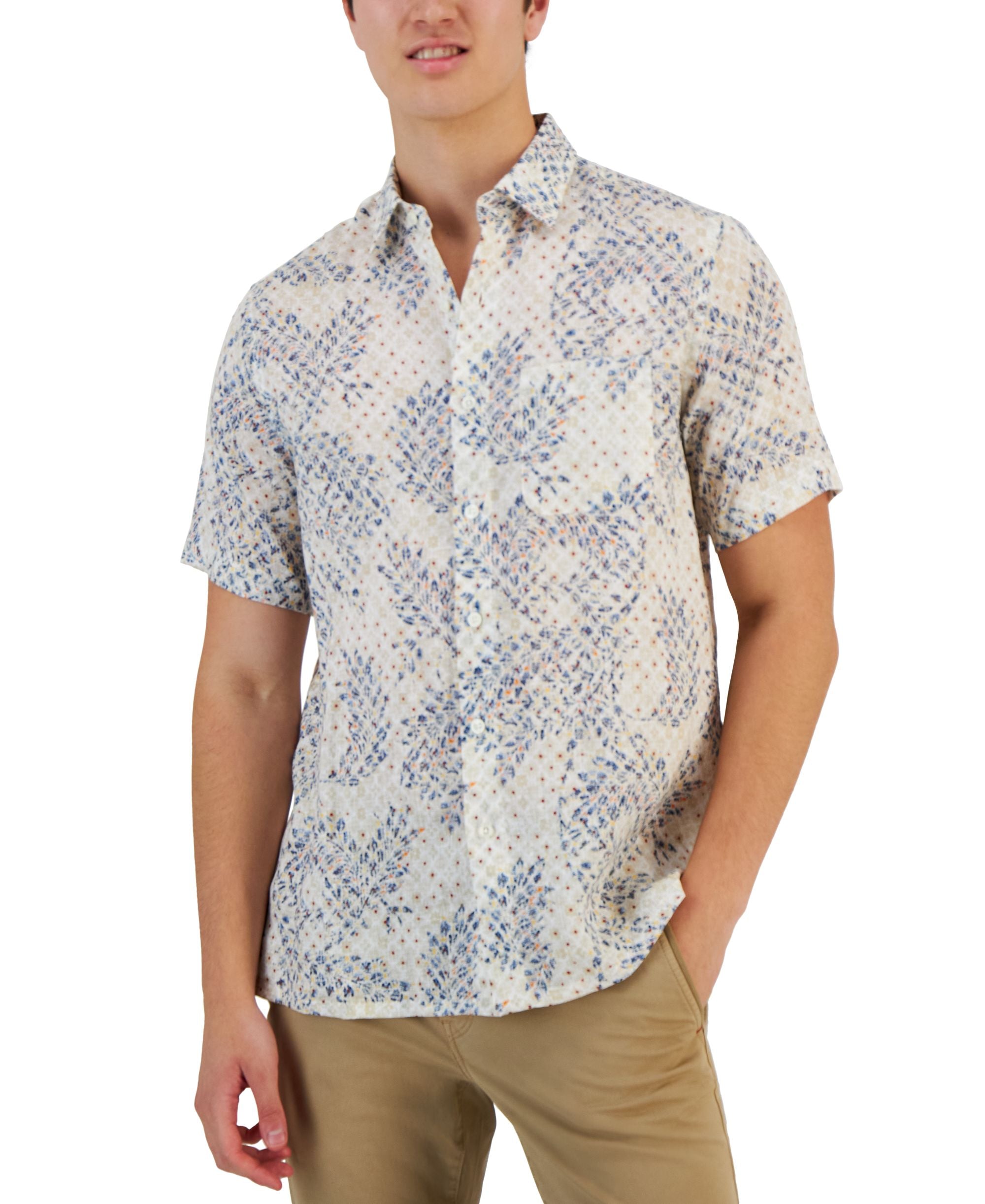 Club Room Mens Assertta Leaf Print Linen Short Sleeve Shirt