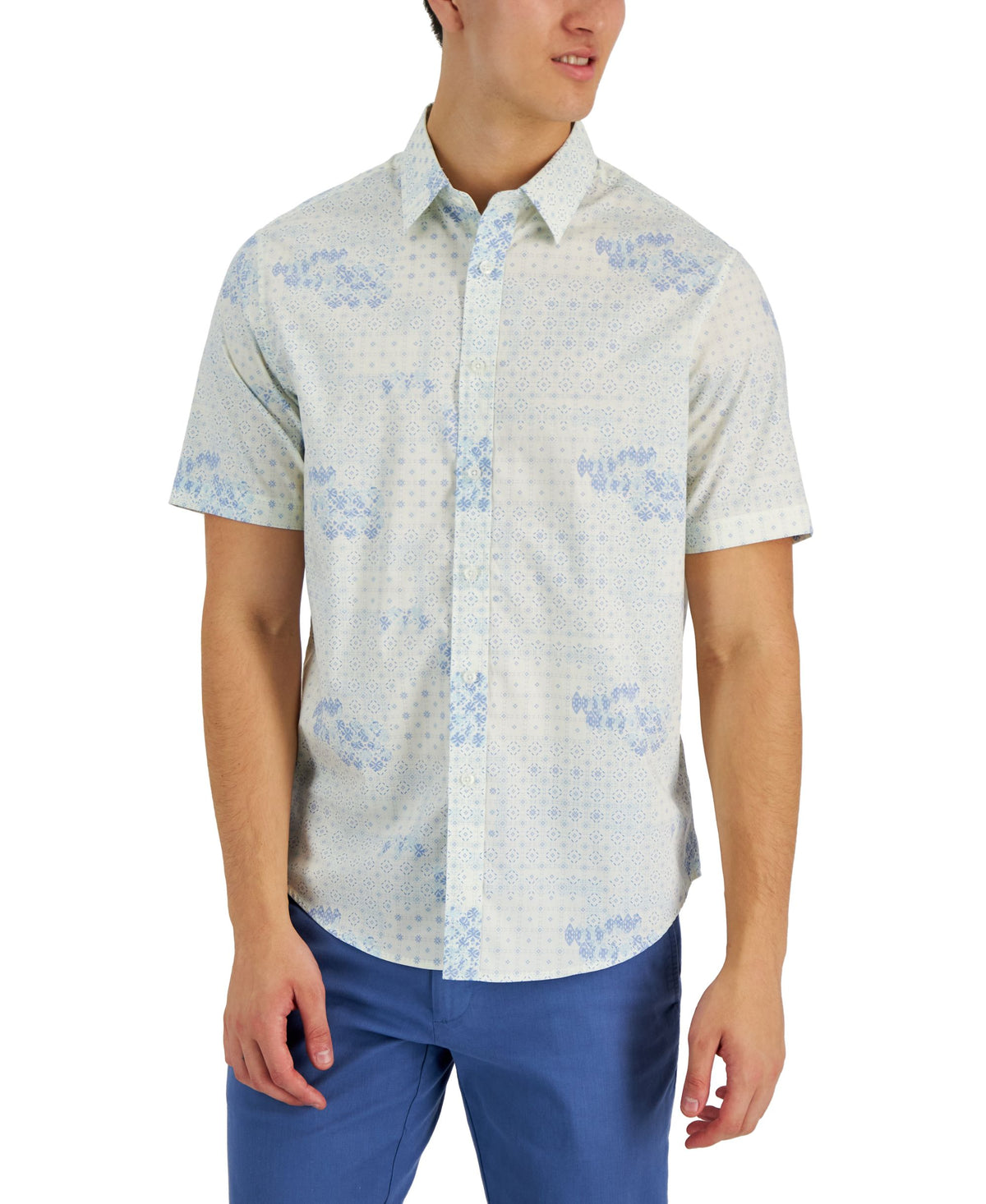 Club Room Mens Brook Patchwork Refined Woven Short Sleeve Shirt