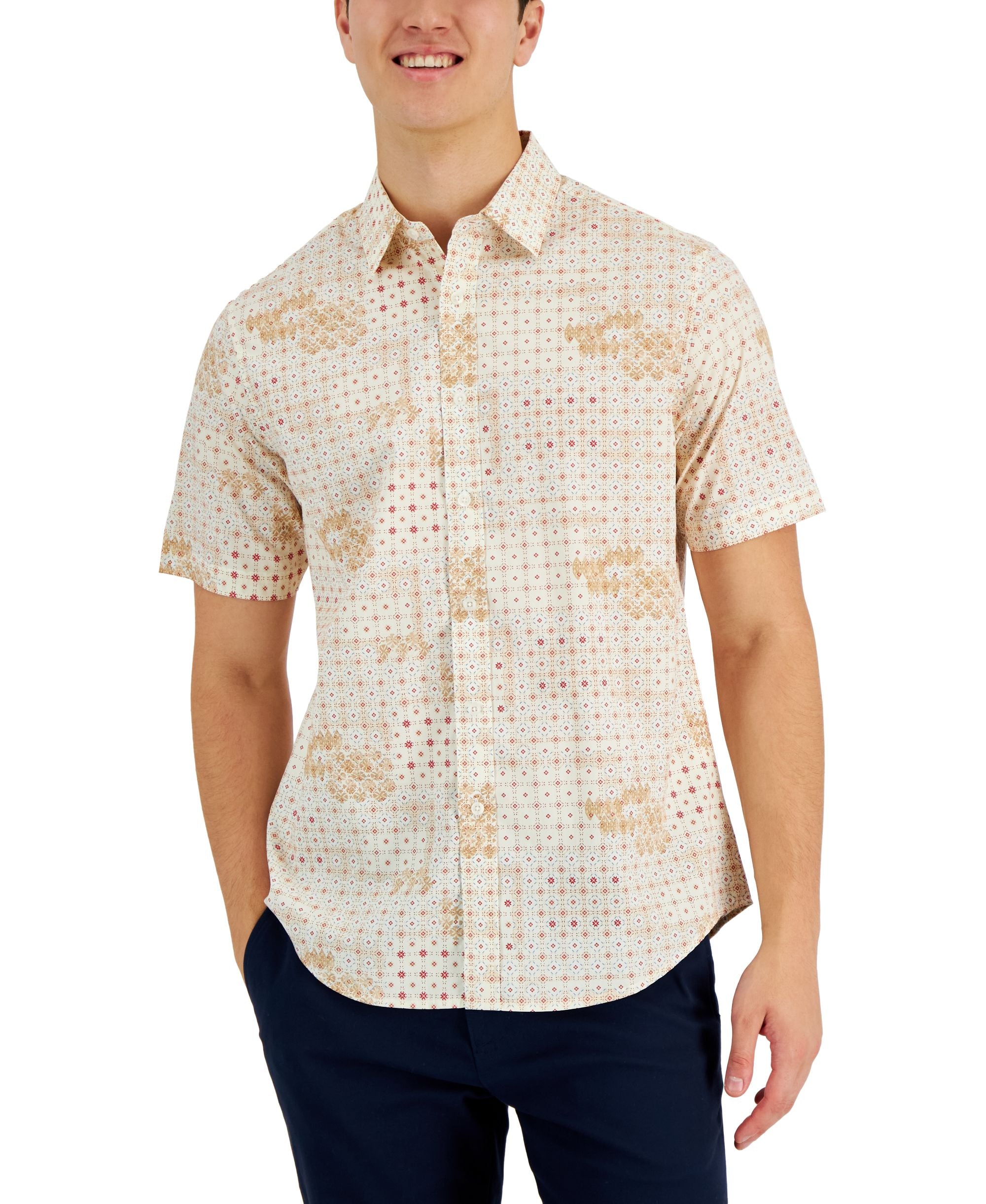 Club Room Mens Brook Patchwork Refined Woven Short Sleeve Shirt