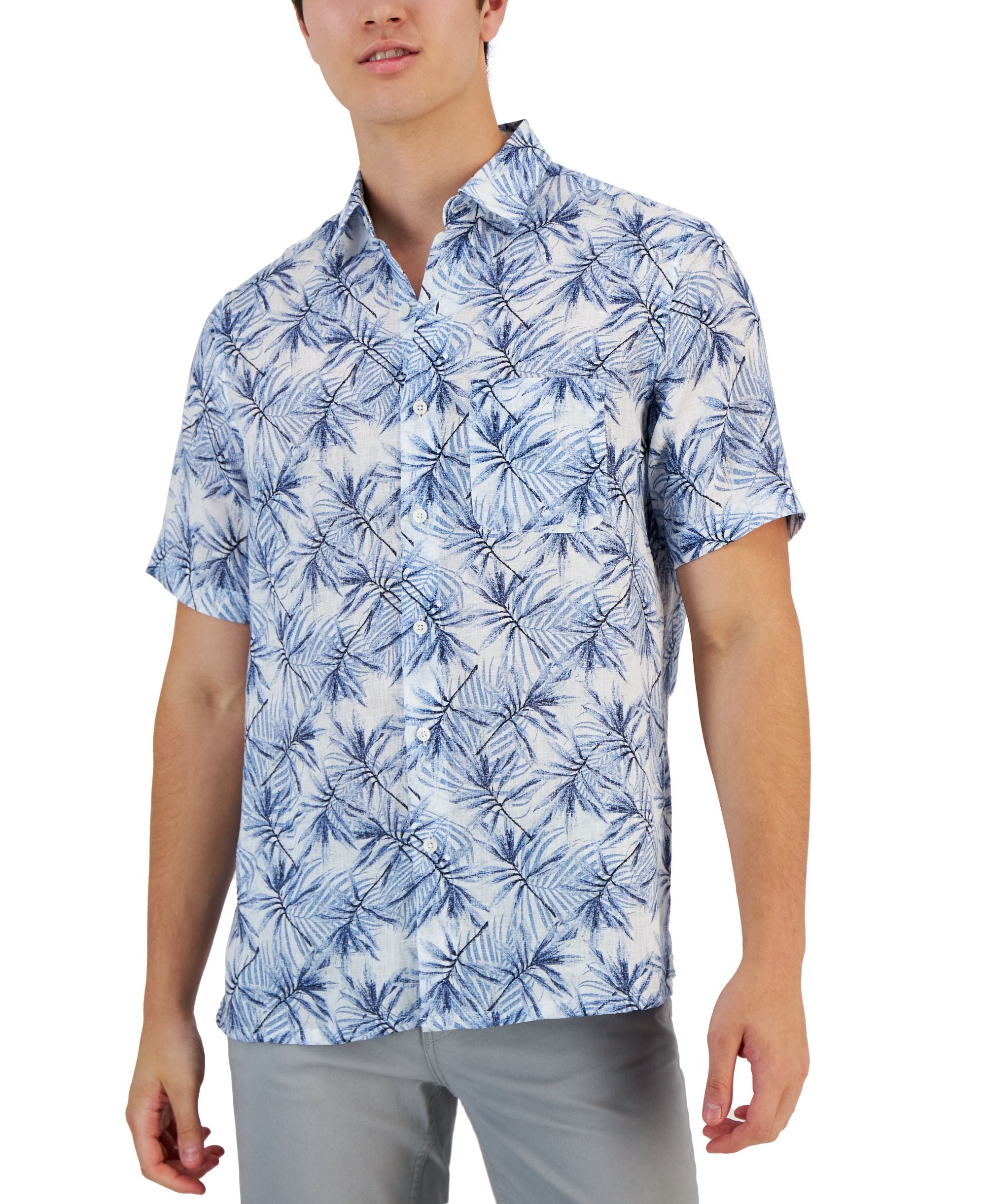 Club Room Mens Gone Classic Fit Leaf Print Linen Short Sleeve Shirt