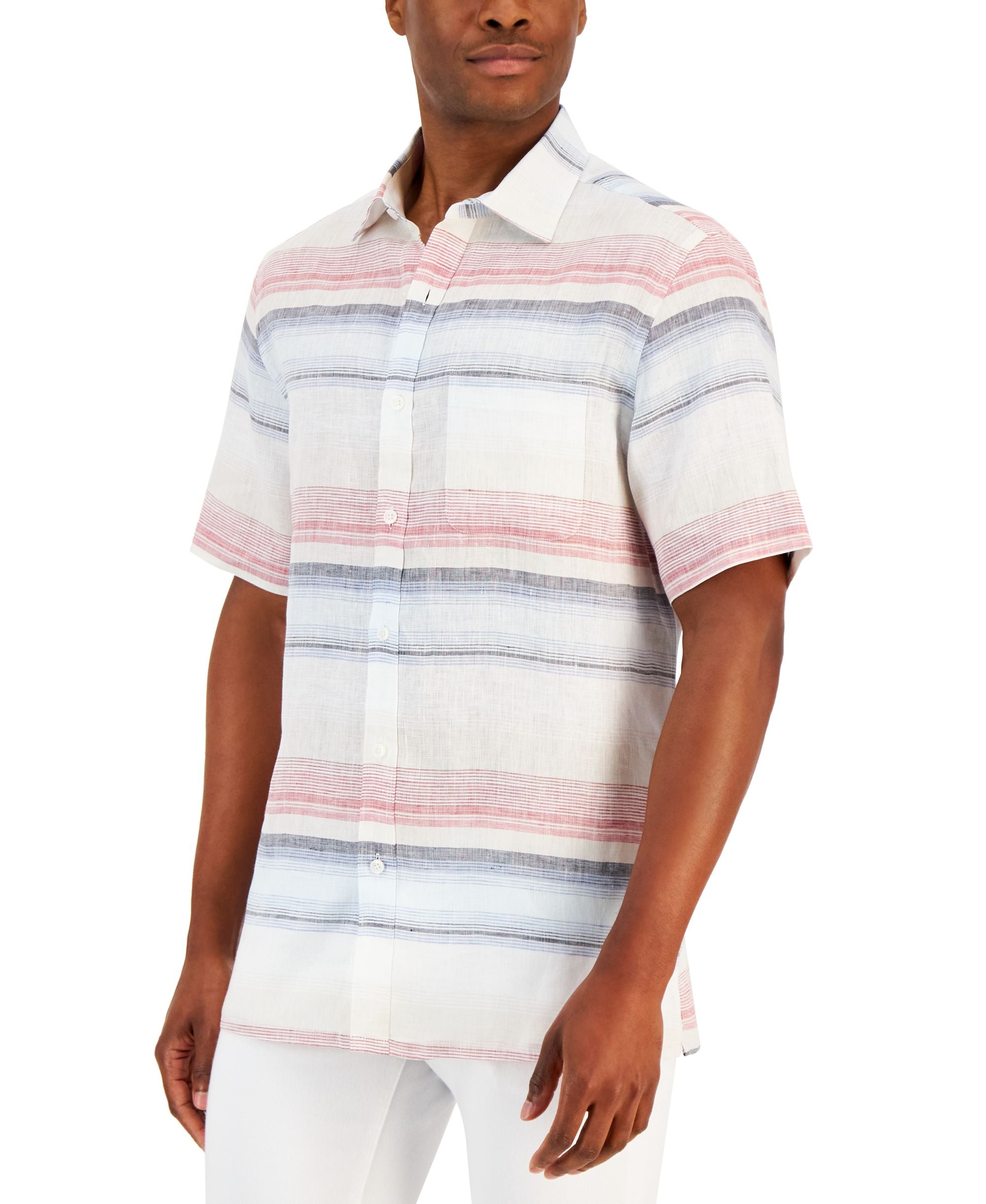 Club Room Mens Darren Horizontal Striped Linen Short Sleeve Shirt