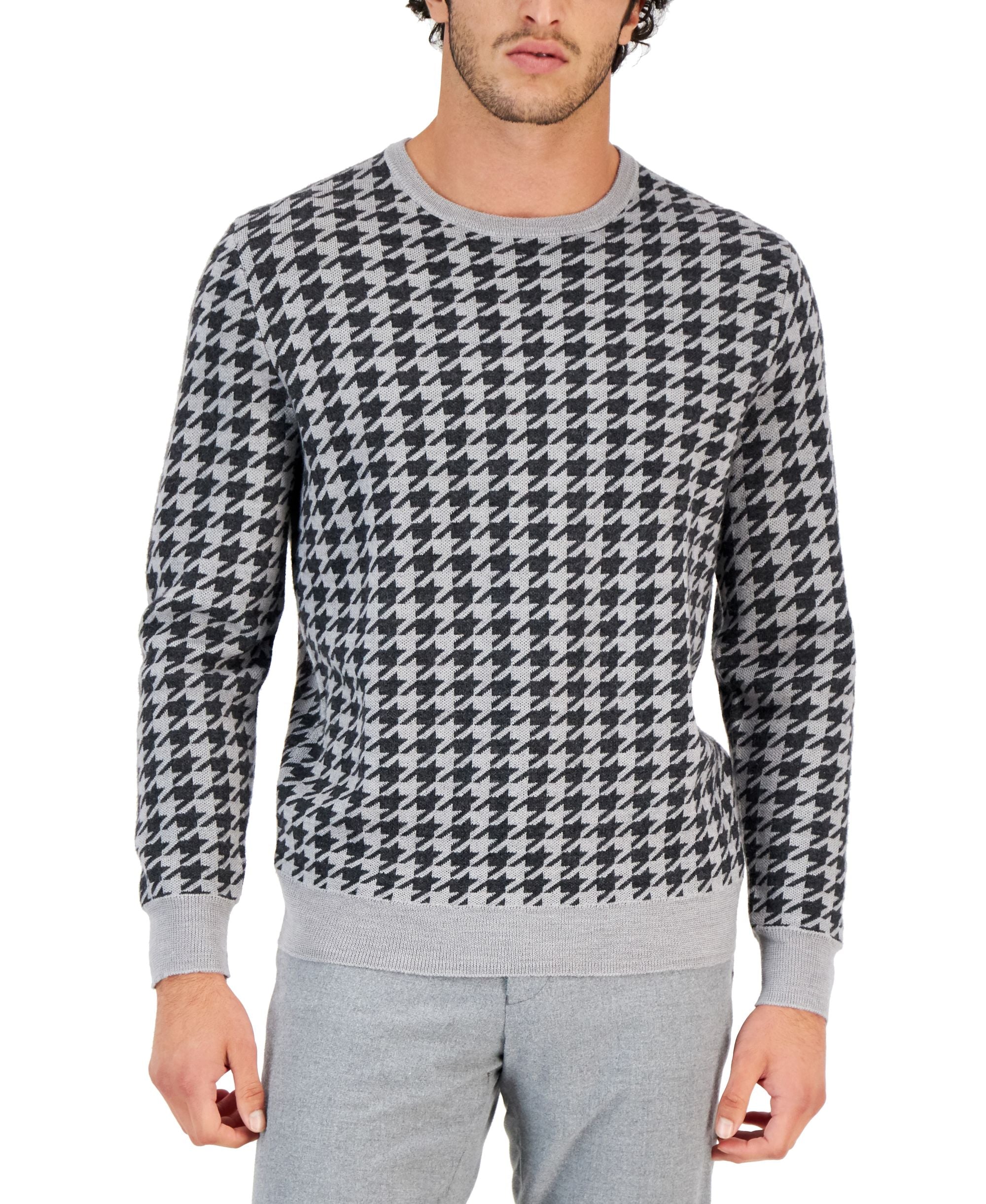 Club Room Mens Merino Houndstooth Crewneck Sweater