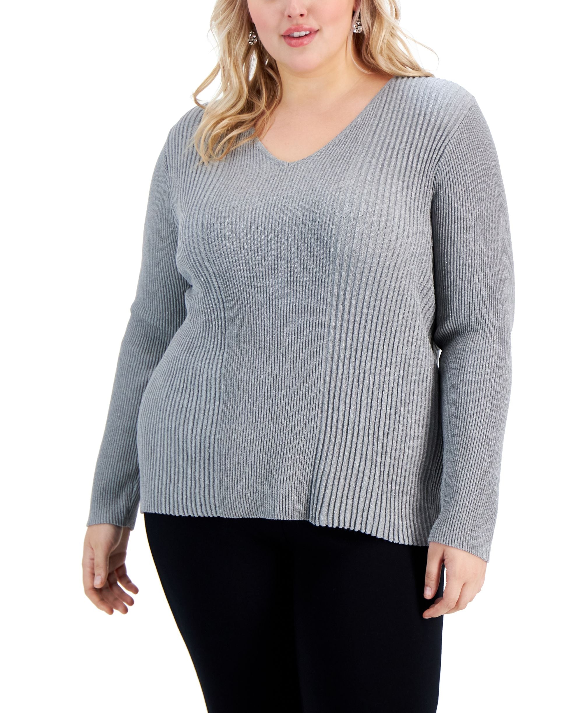 Alfani Plus Size Ribbed Shine V Neck Sweater