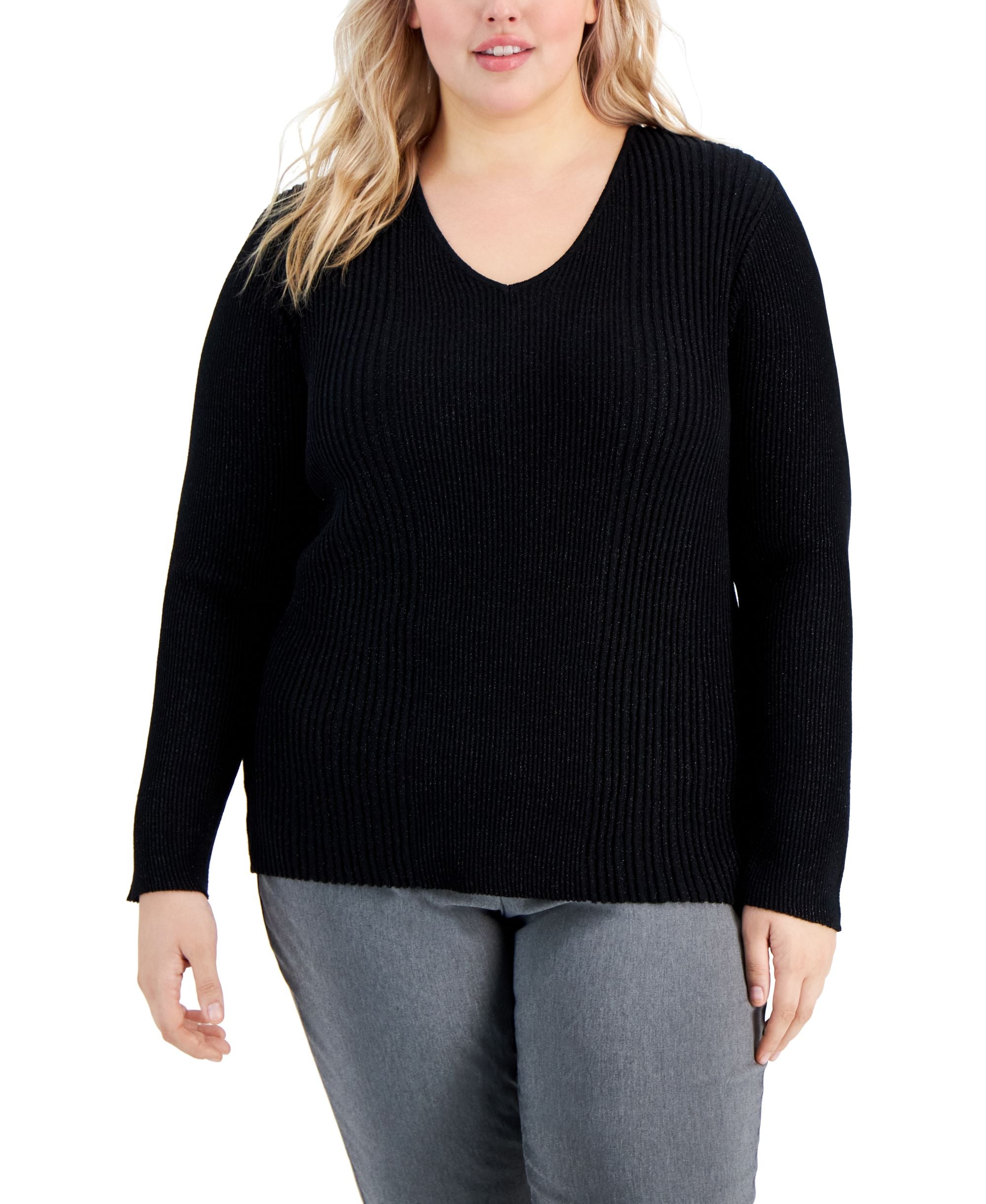 Alfani Plus Size Ribbed Shine V Neck Sweater