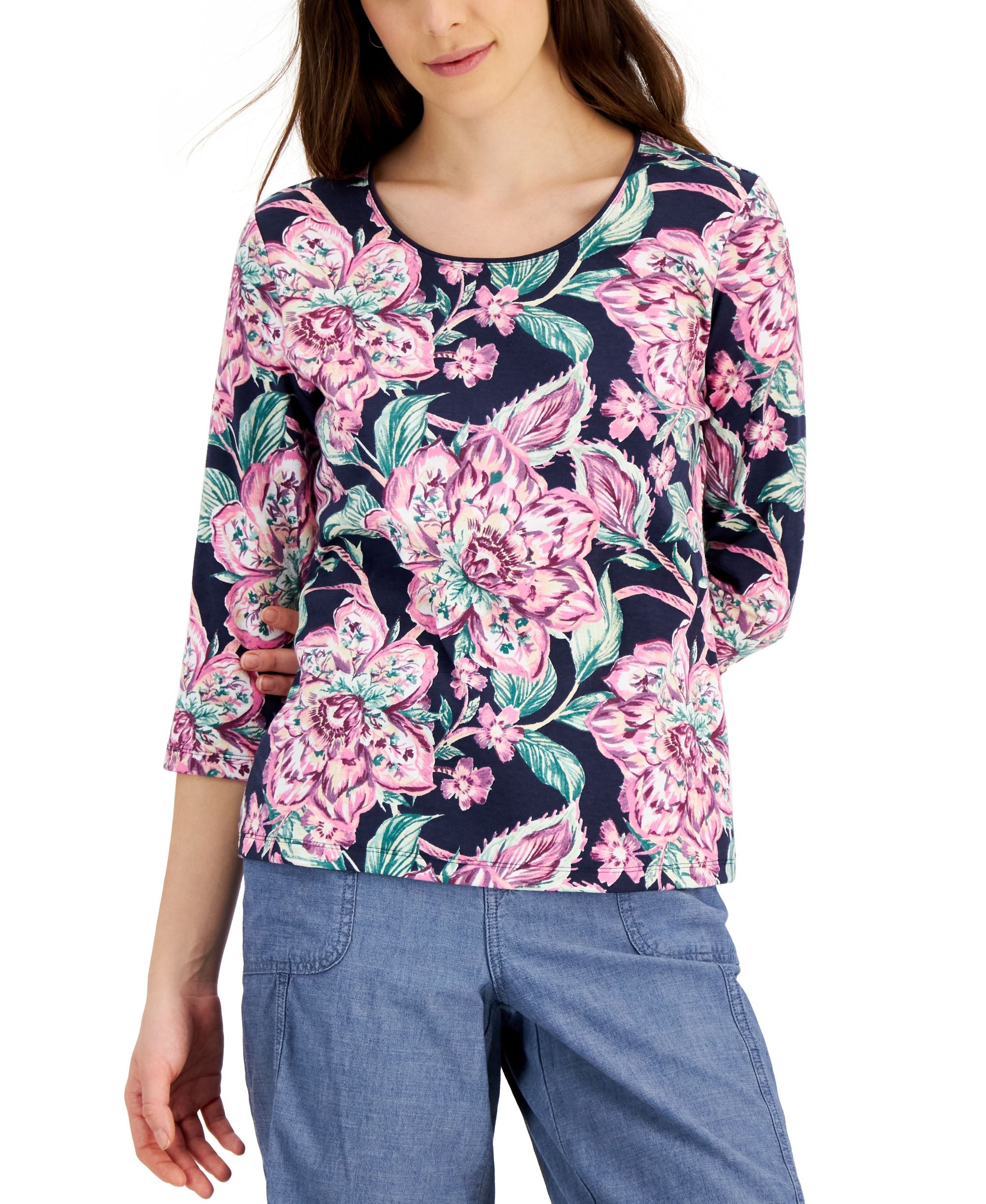 Karen Scott Petite Floral 3/4 Sleeve Top
