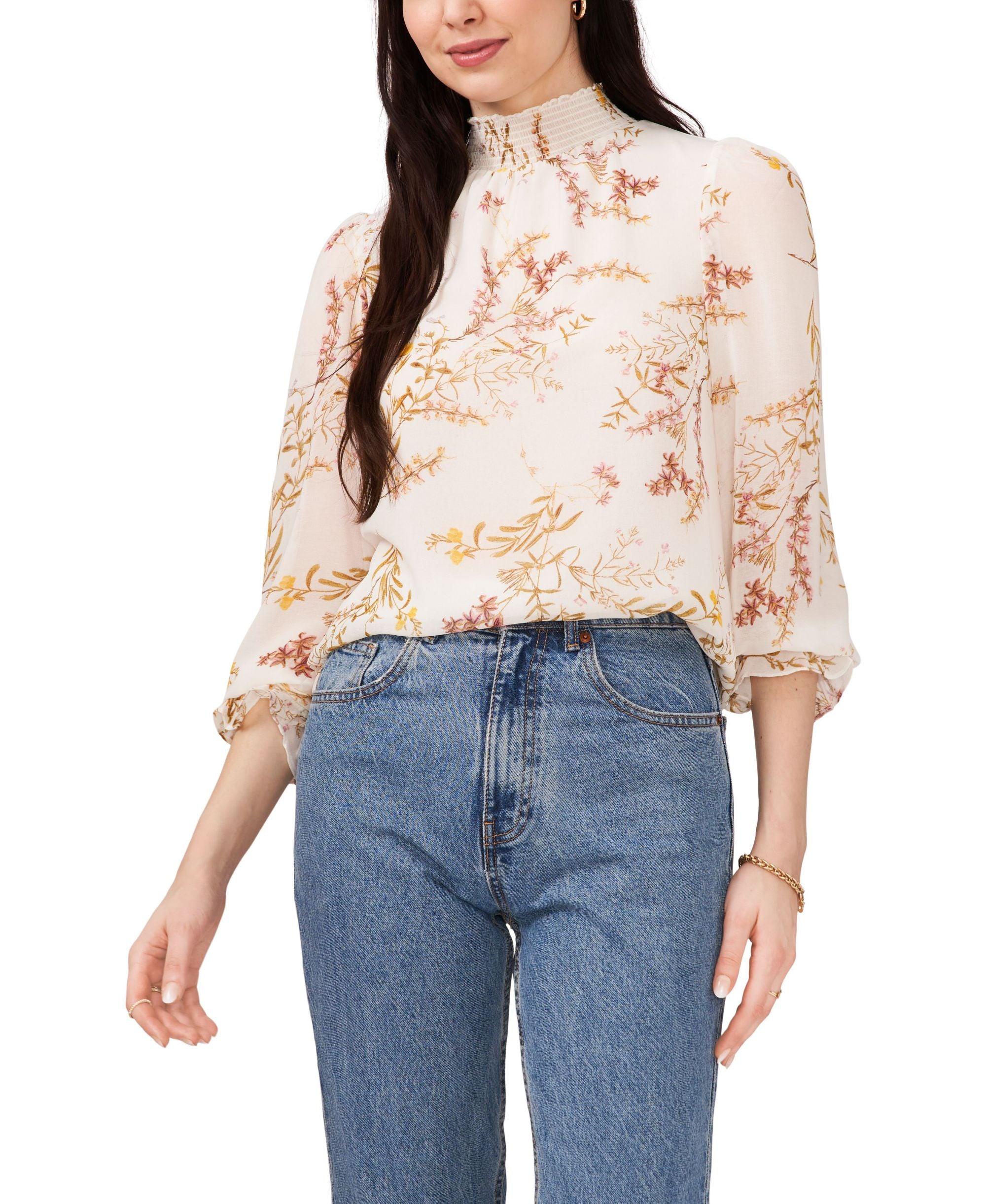 1.State Printed Long Sleeve Smocked Neck Top