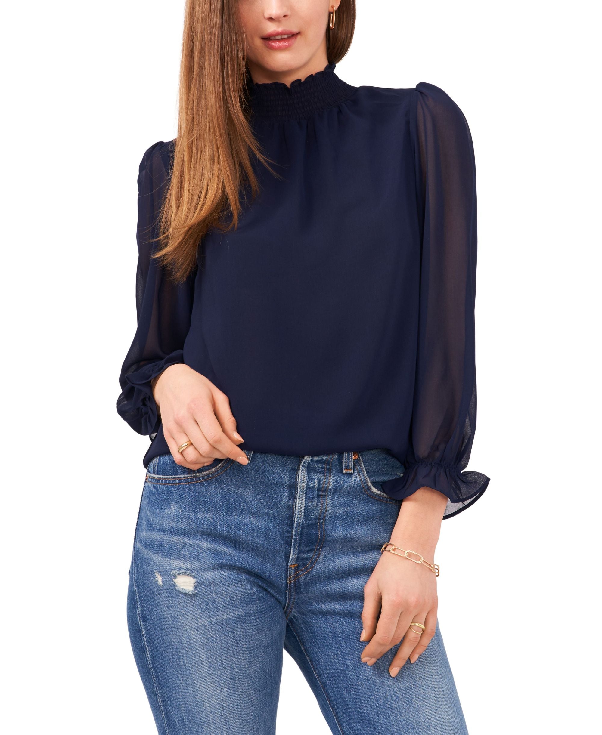 Women's Smocked Mock-Neck Long Sleeve Blouse