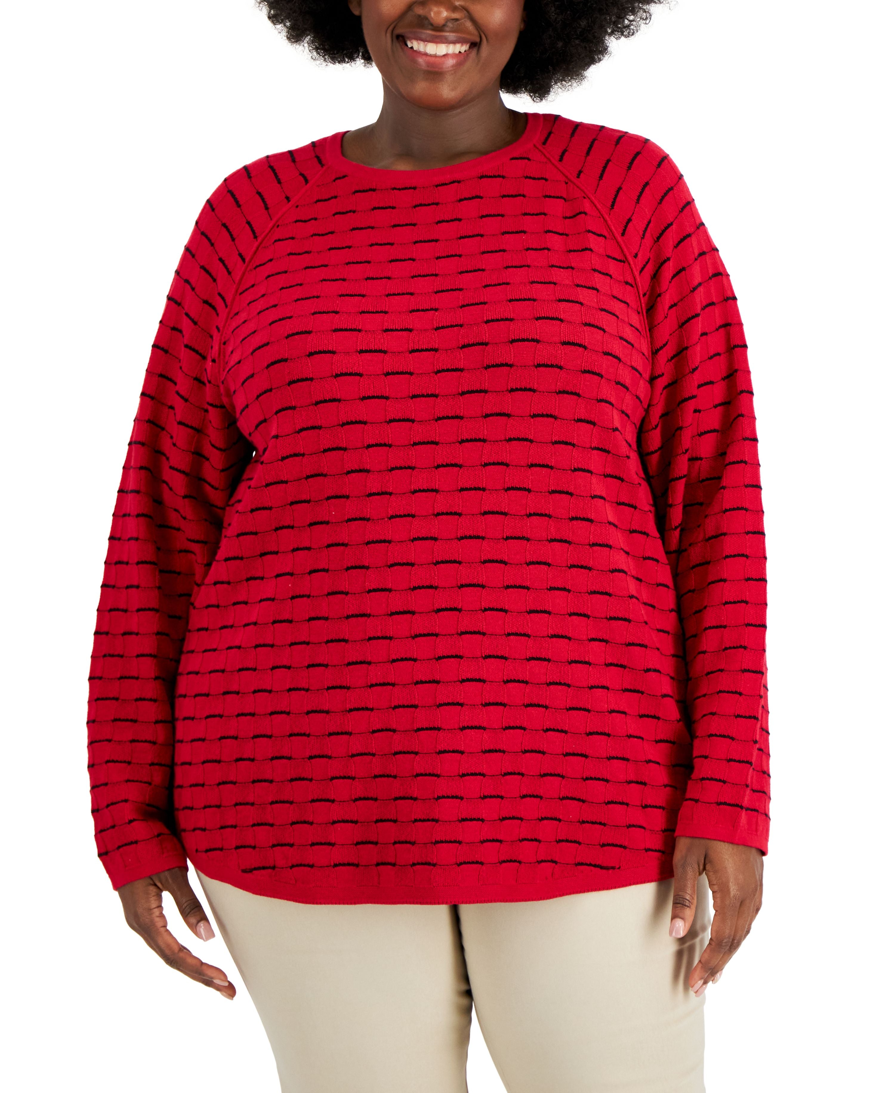 Plus Size Cotton Textured Raglan-Sleeve Sweater