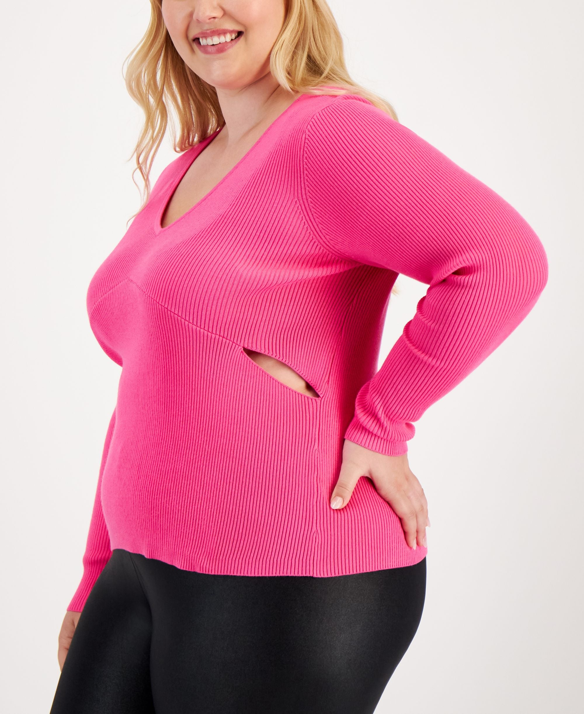 Bar III Trendy Plus Size V Neck Cutout Sweater