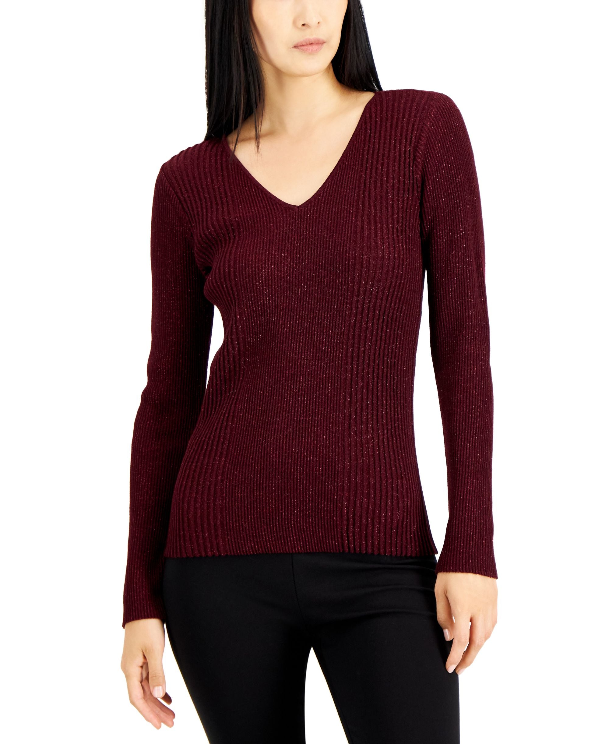 Alfani Womens Metallic Ribbed V Neck Sweater