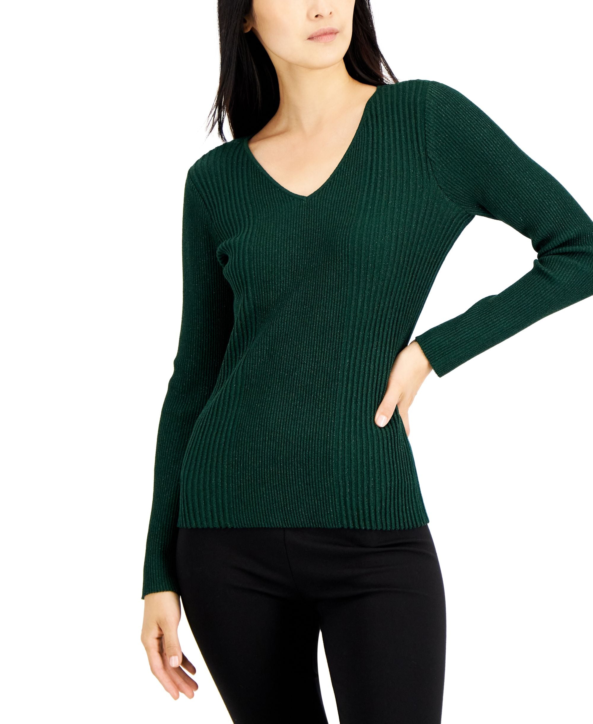 Alfani Womens Metallic Ribbed V Neck Sweater