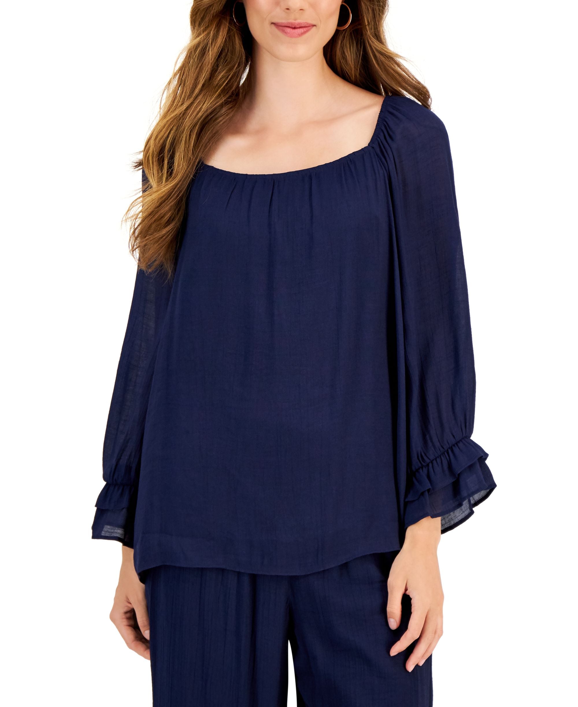 JM Collection Womens Ruffled-Cuff Square-Neck Top