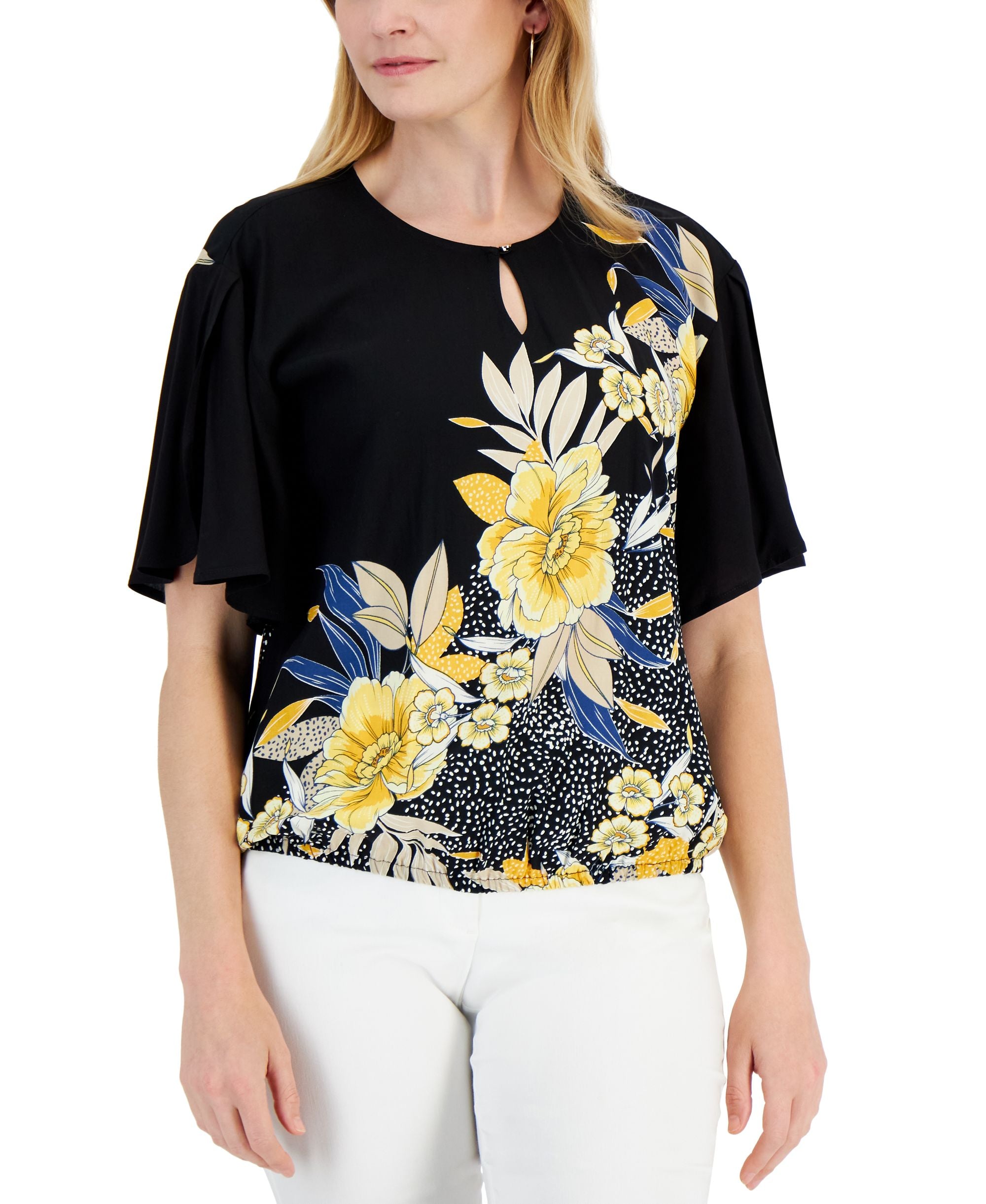 JM Collection Womens Floral Print Keyhole Top