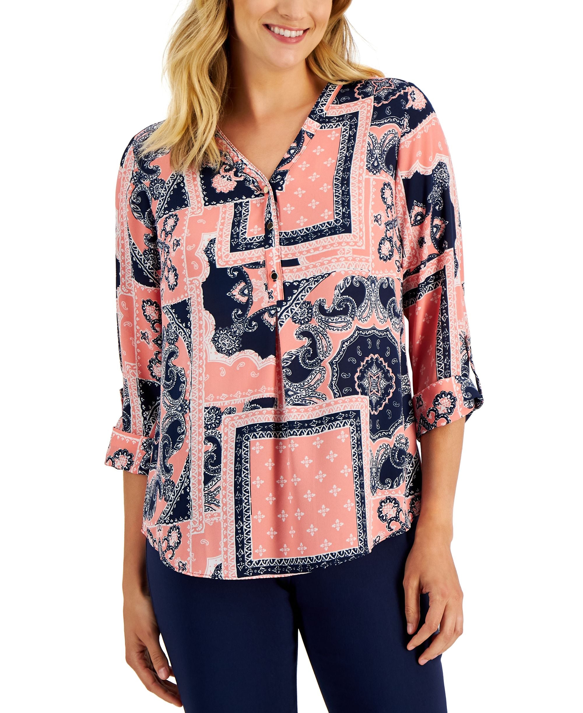 JM Collection Womens Paisley Patch Top