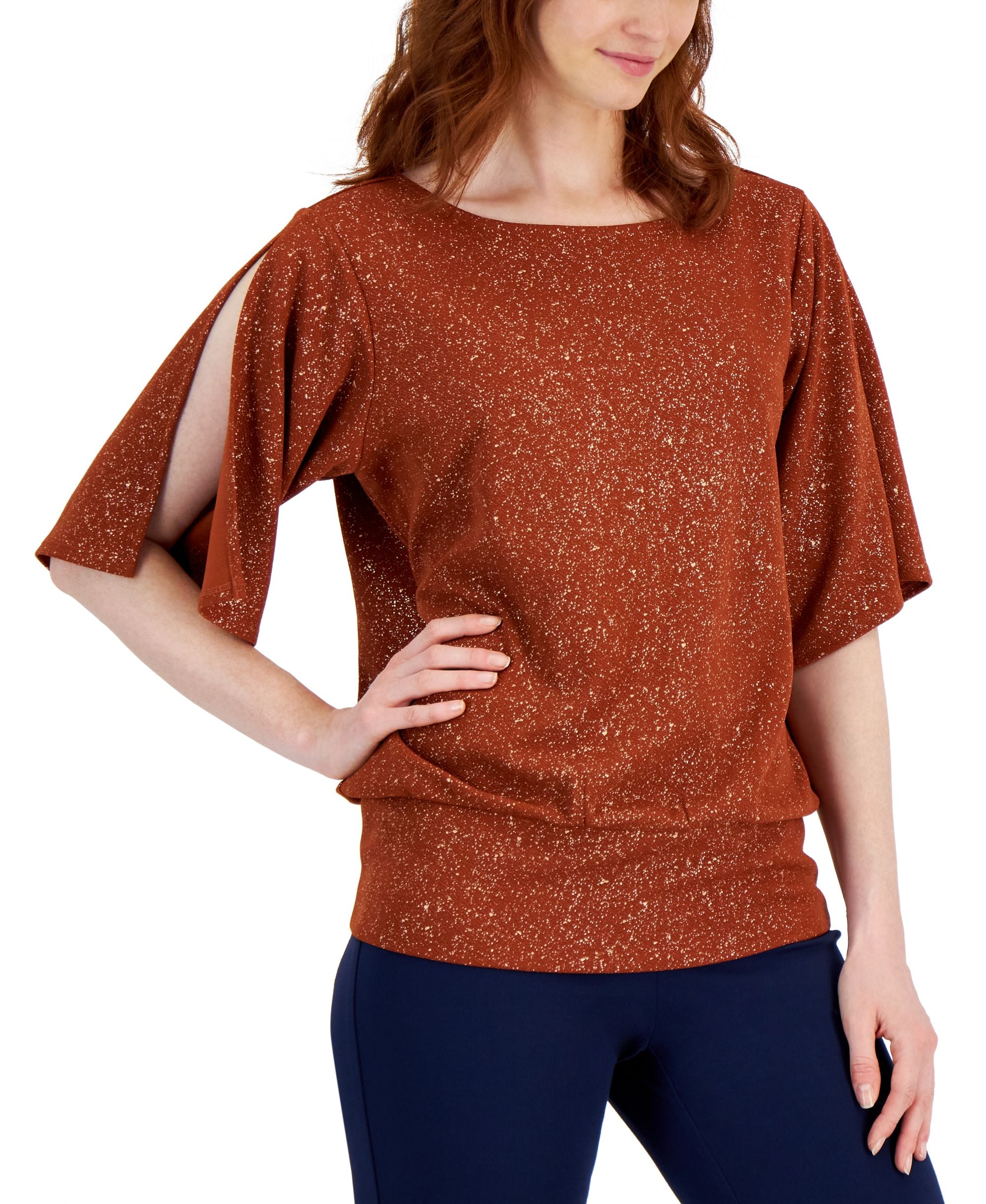 JM Collection Womens Embellished Split Sleeve Top