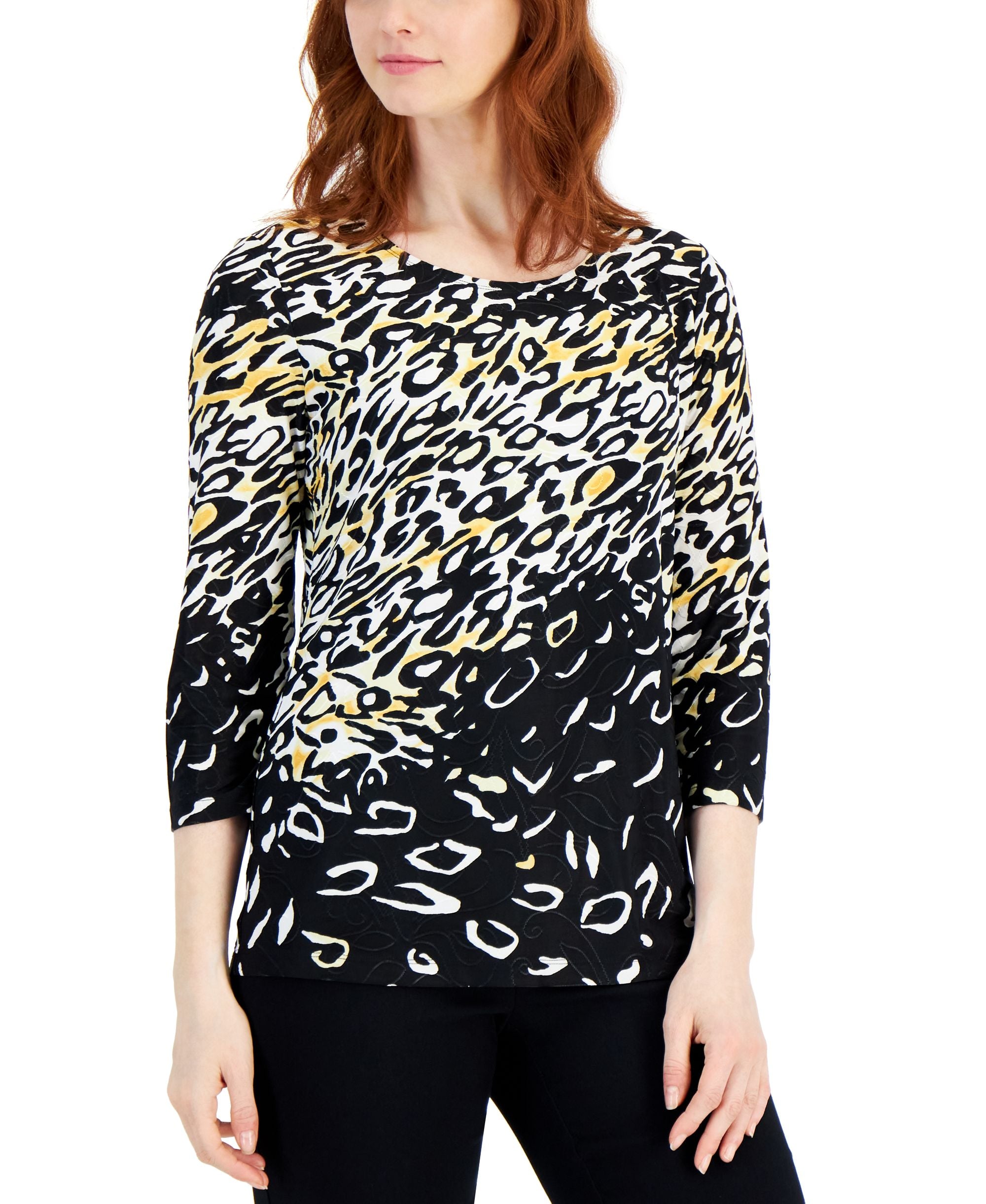 Petite Lady Leopard Jacquard 3/4-Sleeve Top