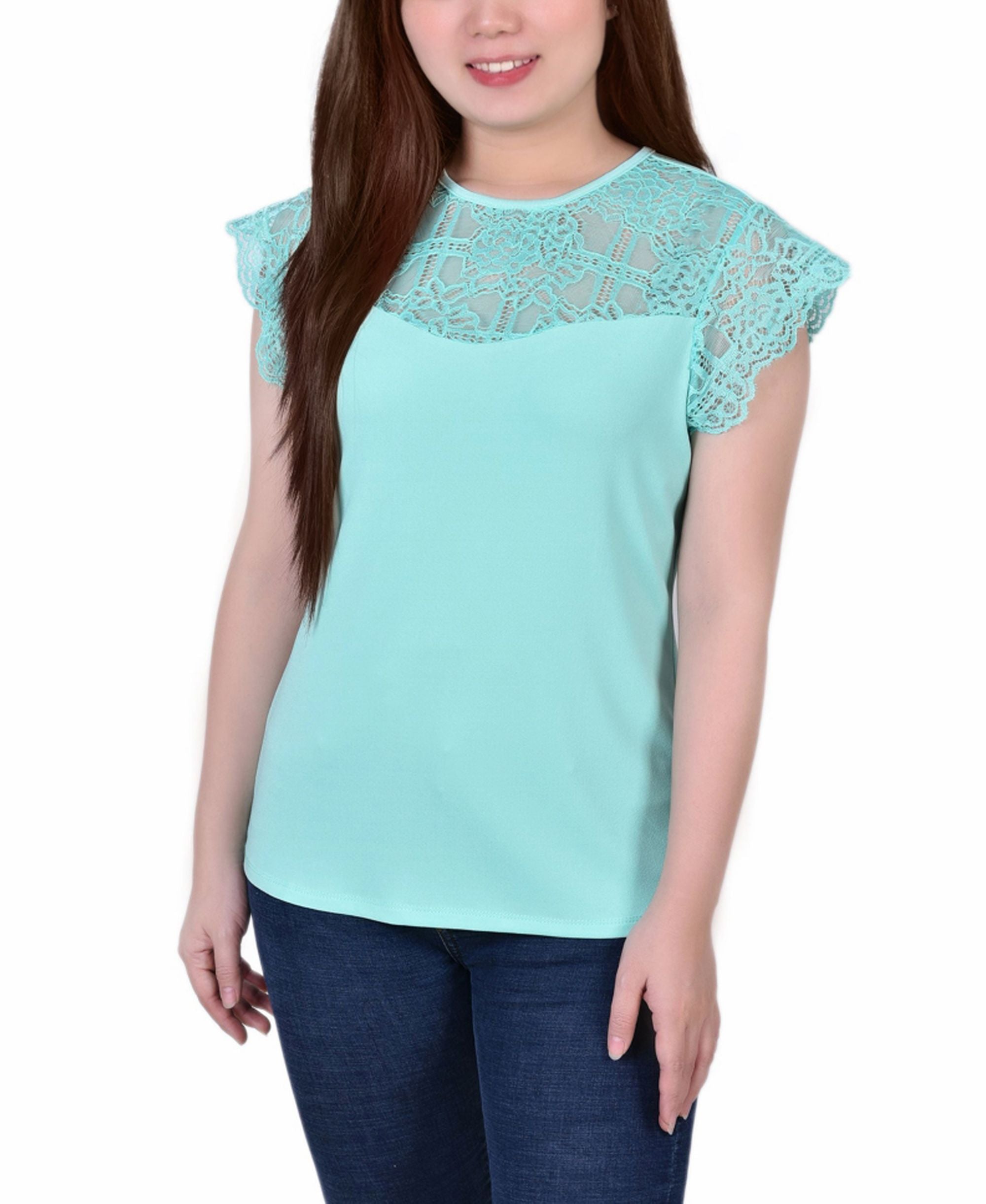 Petite Size Crepe Knit Top With Lace Flanged Sleeve Yoke
