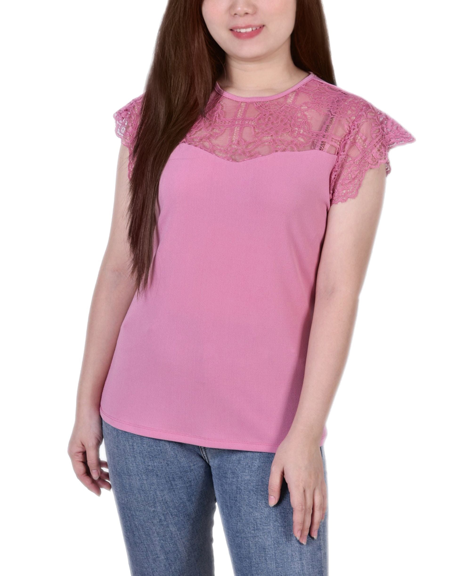Petite Size Crepe Knit Top With Lace Flanged Sleeve Yoke