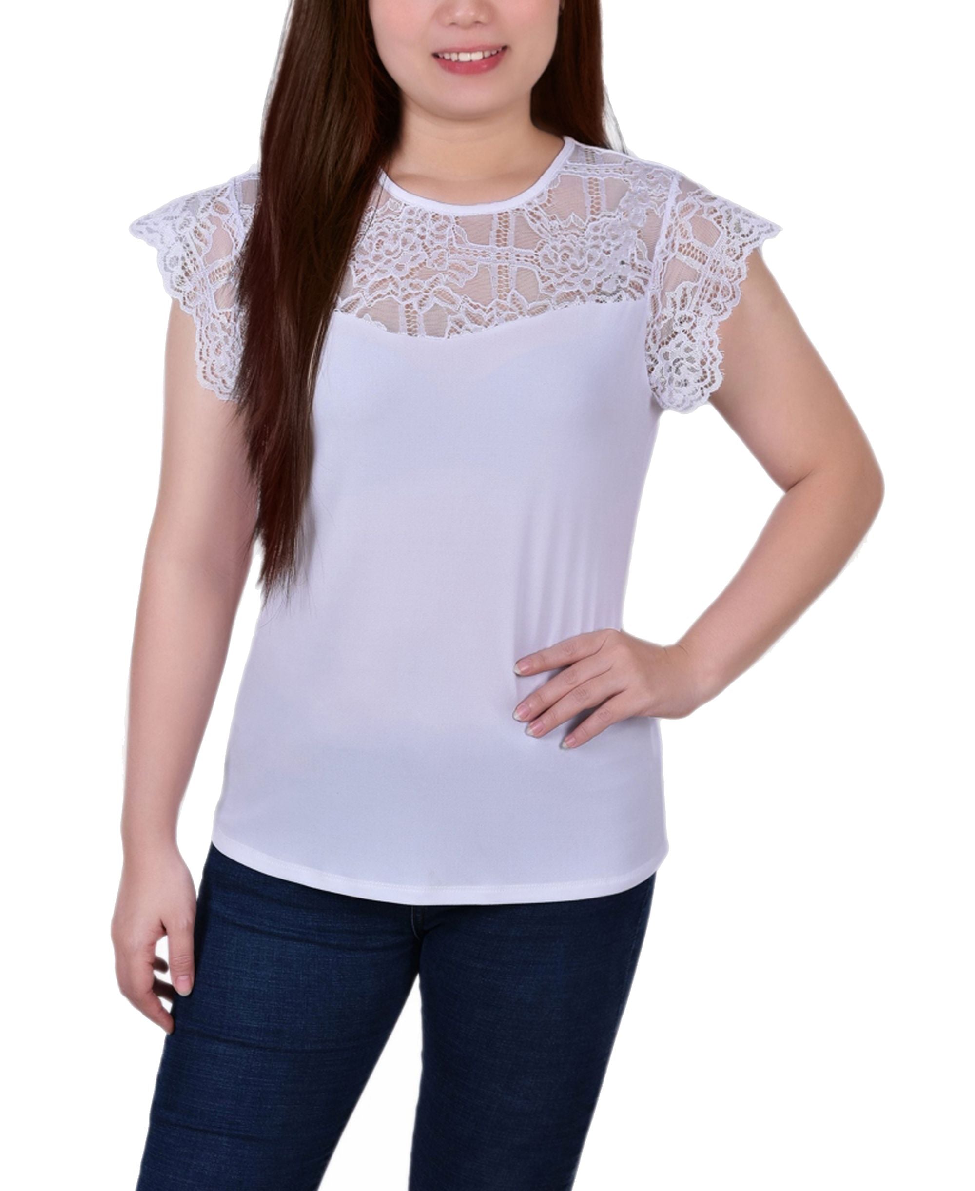 Petite Size Crepe Knit Top With Lace Flanged Sleeve Yoke