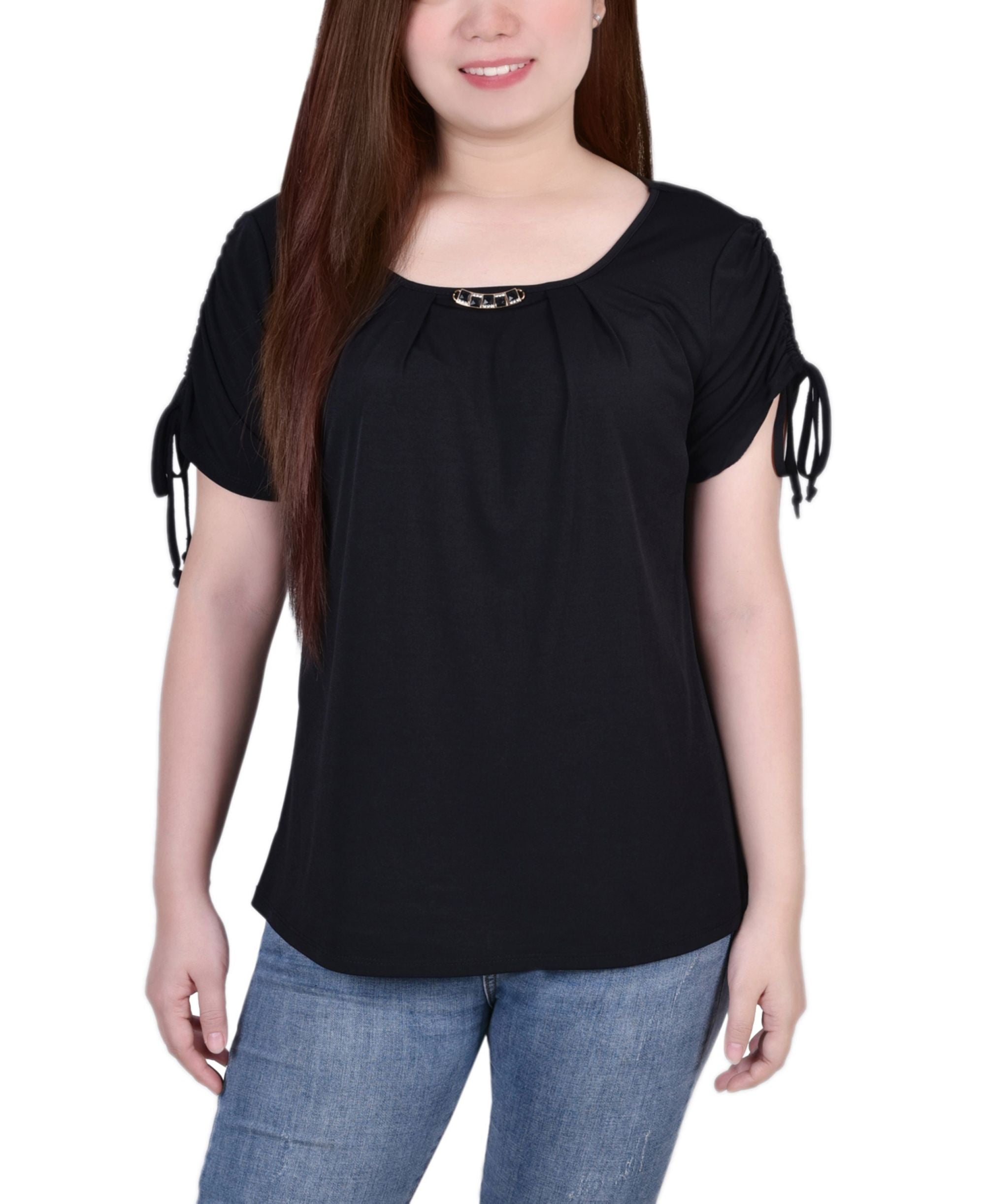 Petite Size Short Ruched Sleeve Top with Pleats