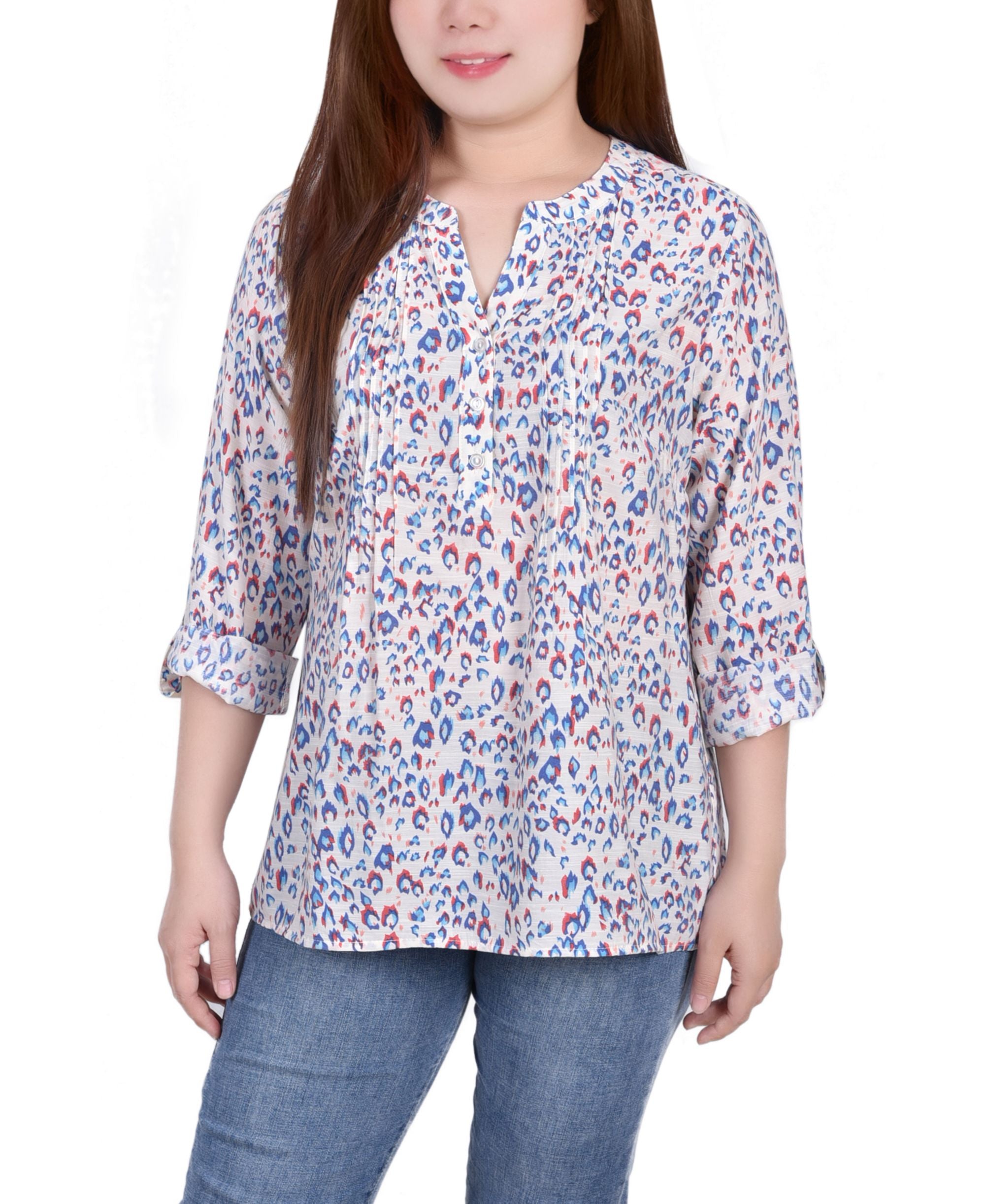 Petite Size 3/4 Roll Tab Sleeve Blouse Top