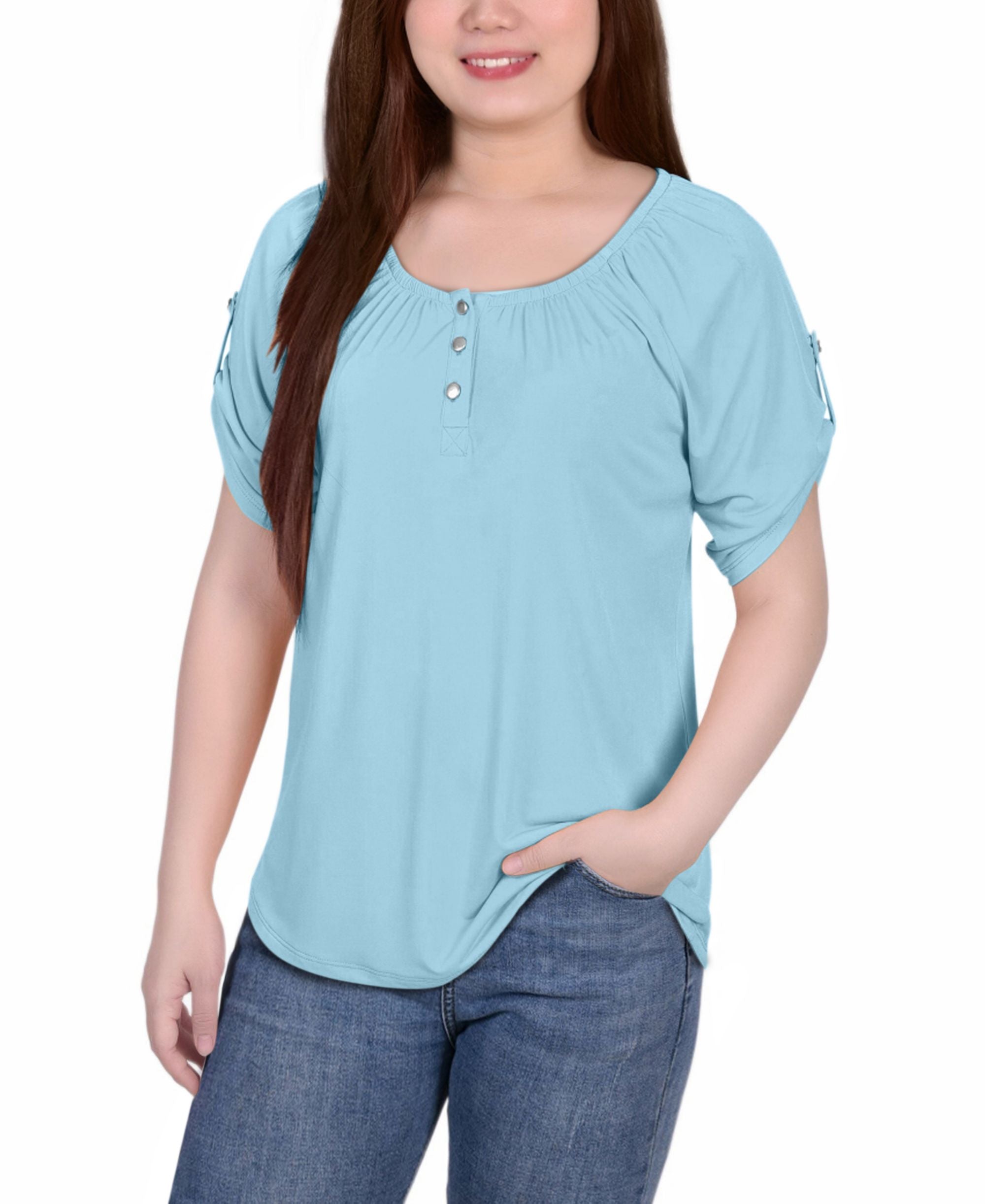 Petite Size Short Sleeve Round Neck Henley Top