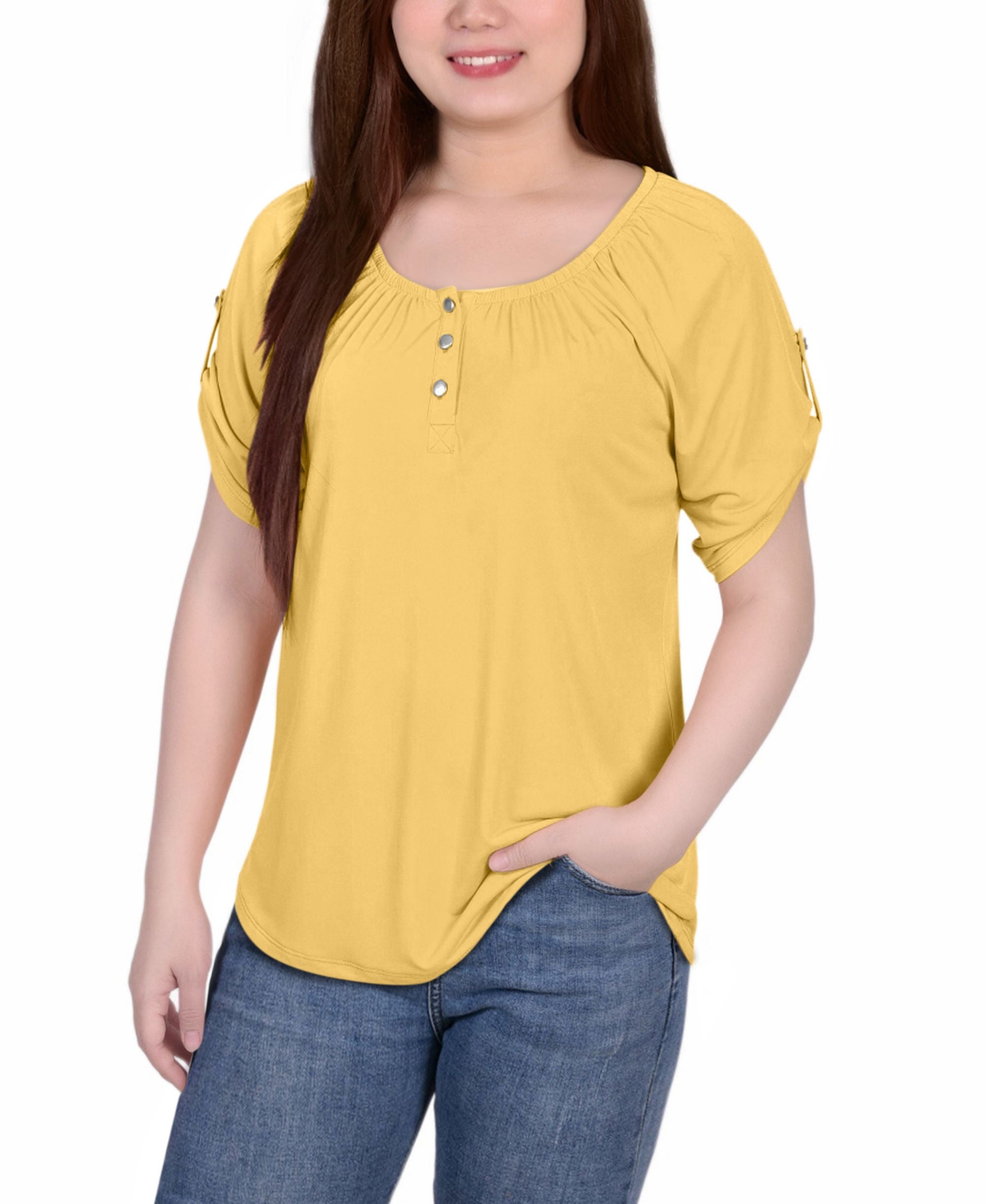 Petite Size Short Sleeve Round Neck Henley Top