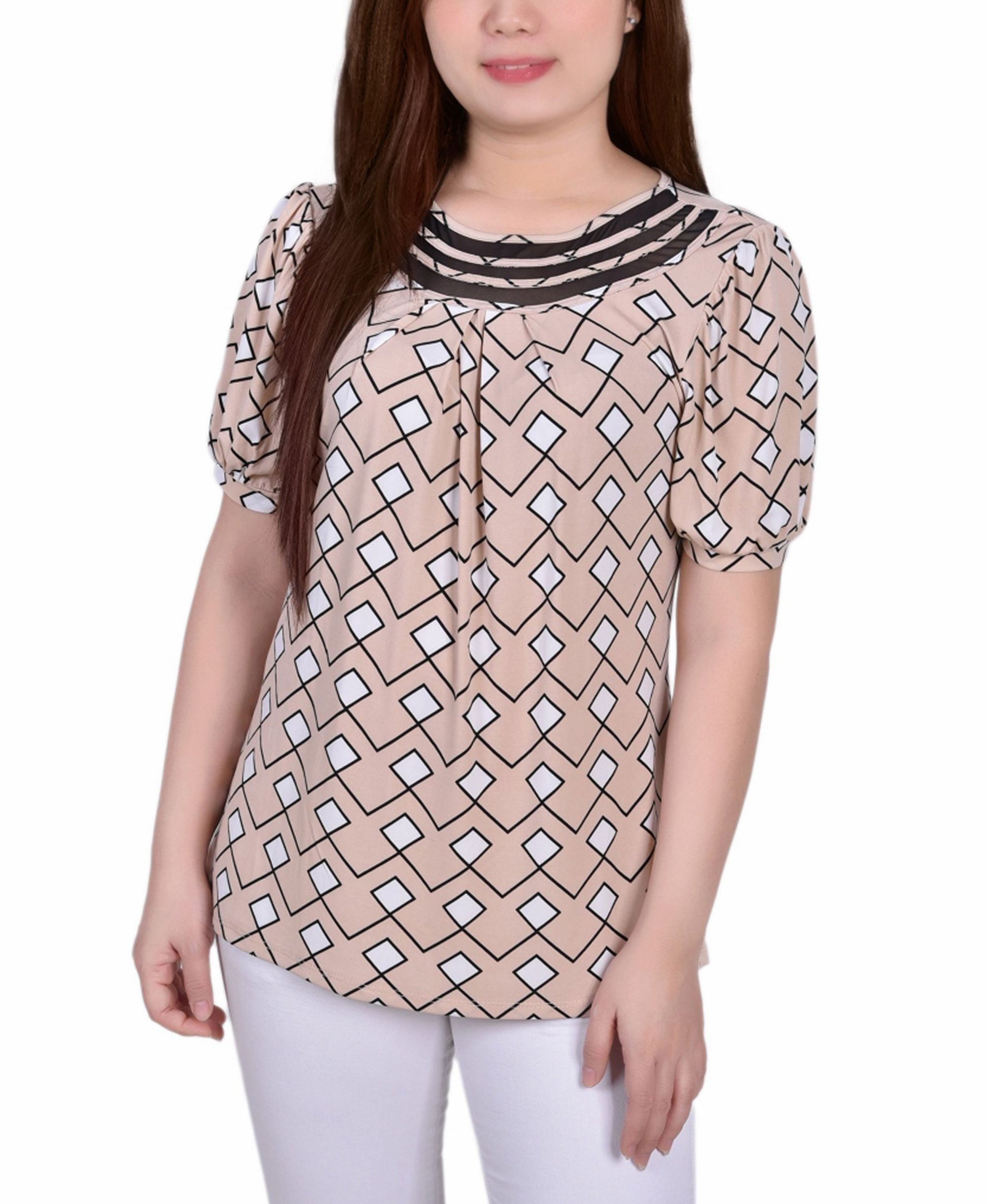 Petite Short Puff Sleeve Mesh Inset Top