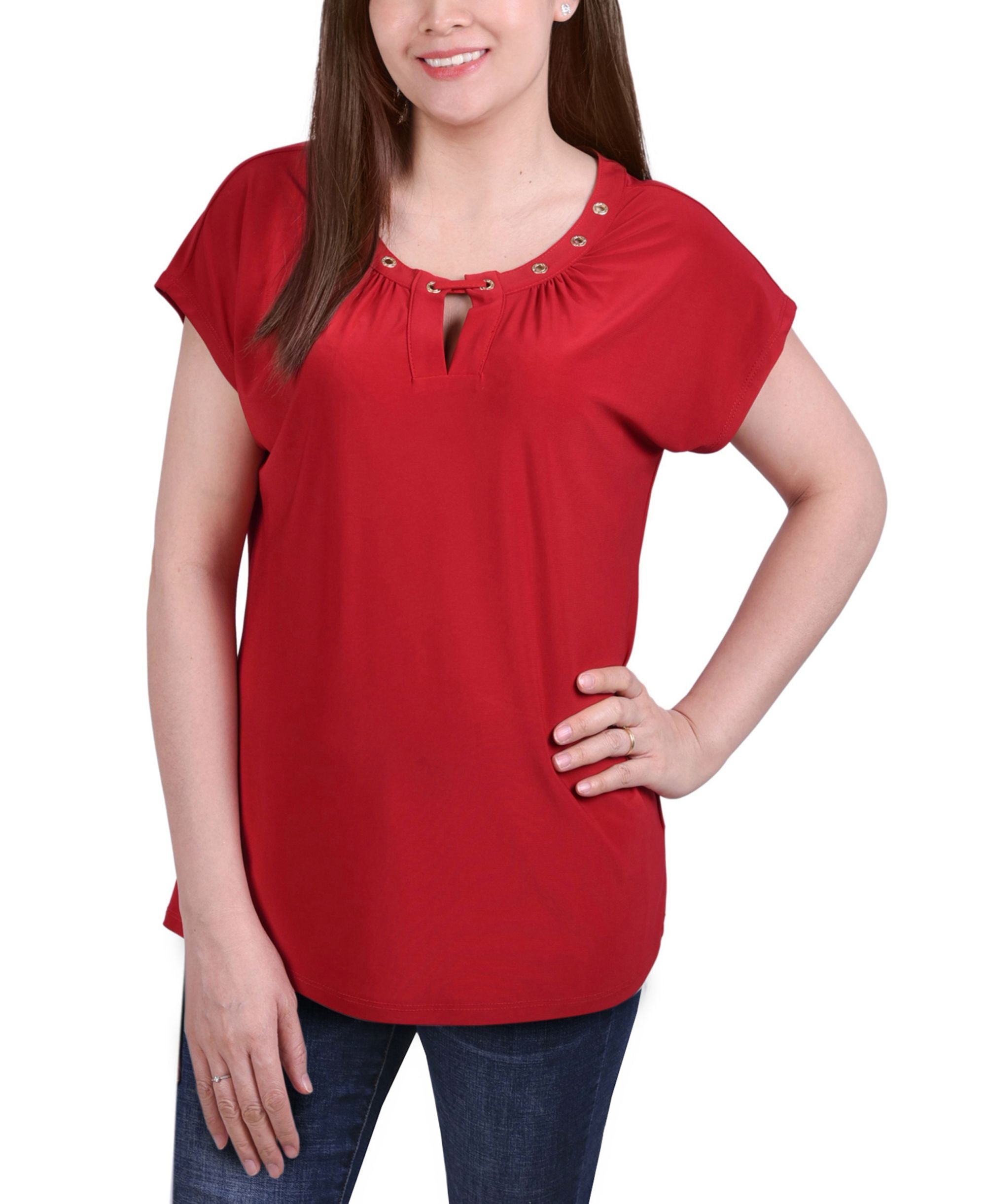 Petite Size Short Sleeve Grommet Top with Keyhole