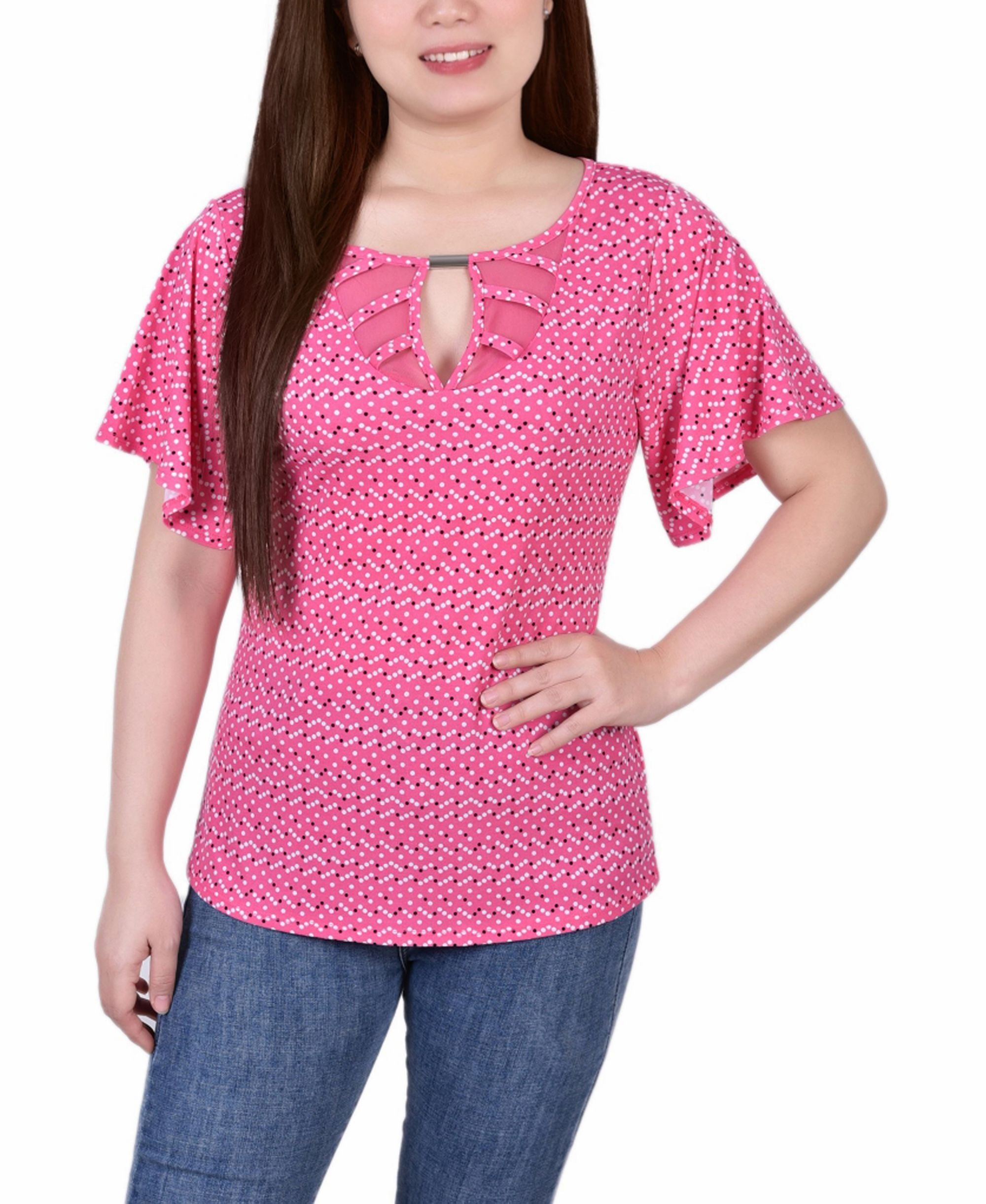 Petite Mesh Flutter Sleeve Knit Top