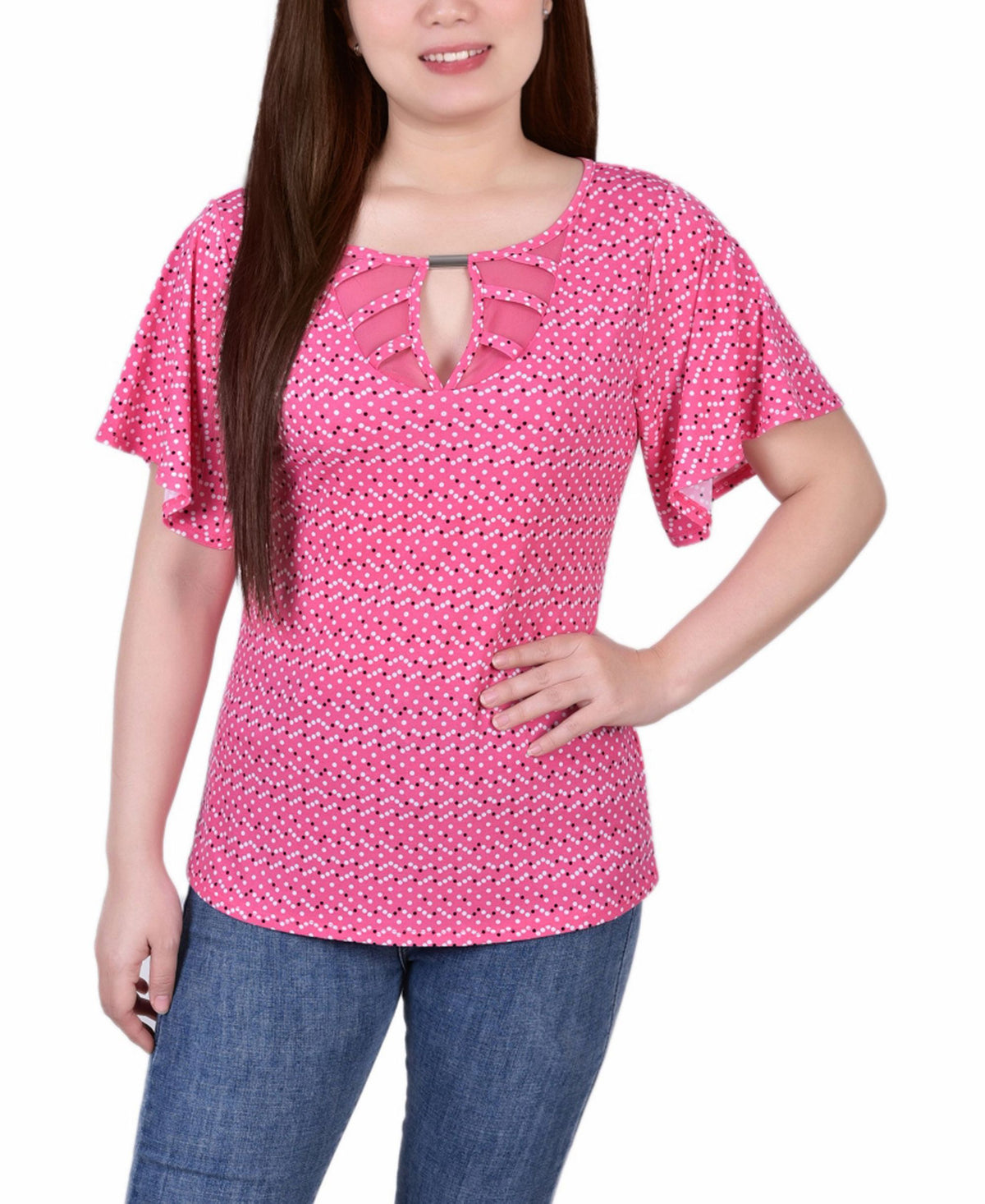 Petite Mesh Flutter Sleeve Knit Top
