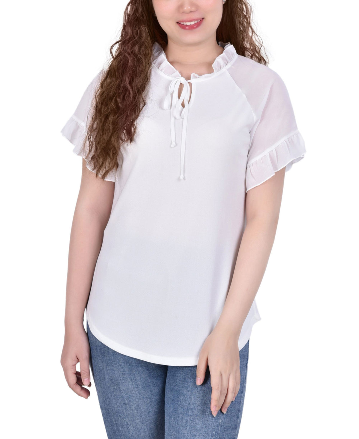 NY Collection Petite Chiffon Short Ruffled Sleeve Crepe Knit Top