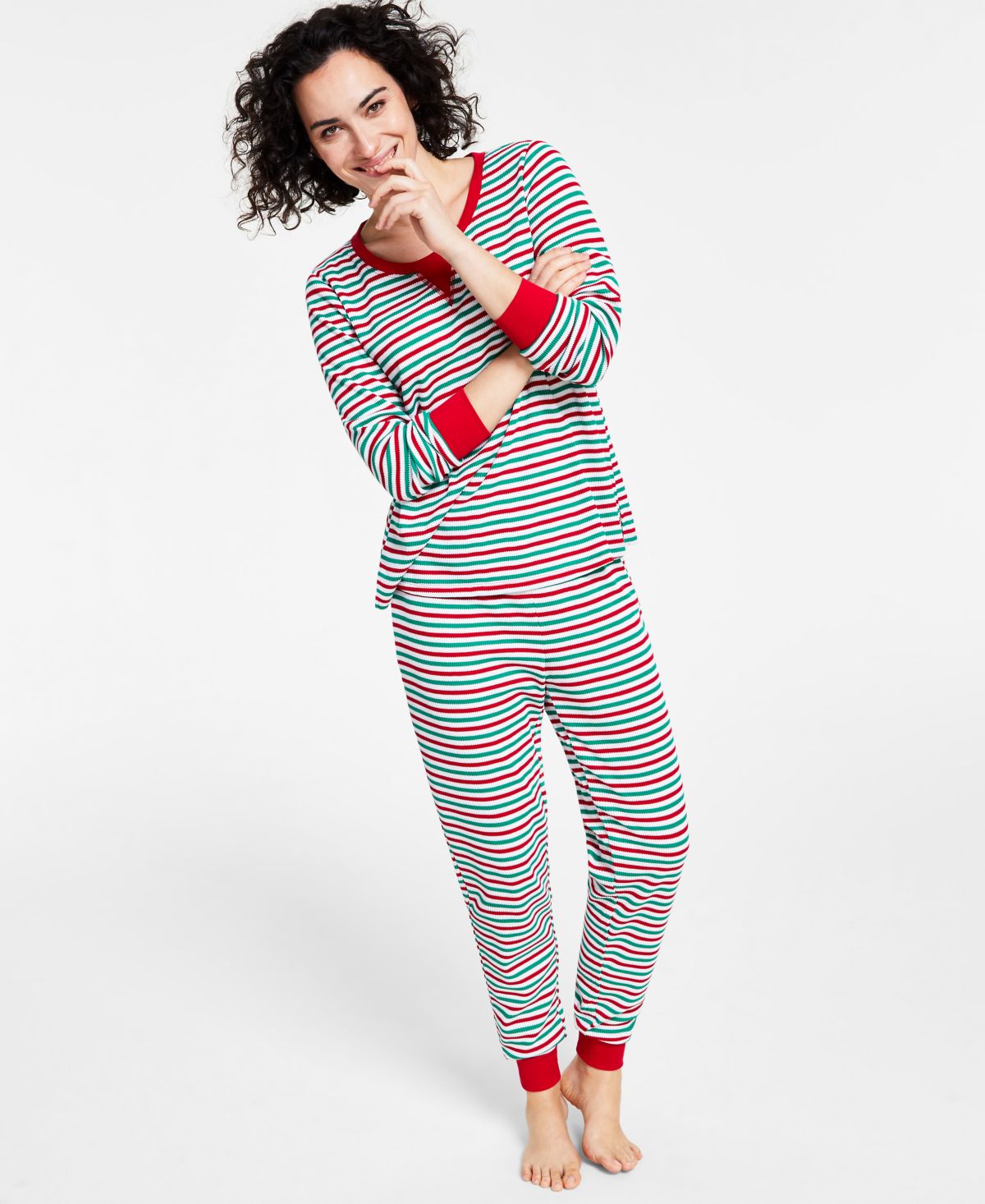Matching Womens Thermal Waffle Holiday Stripe Pajama Set