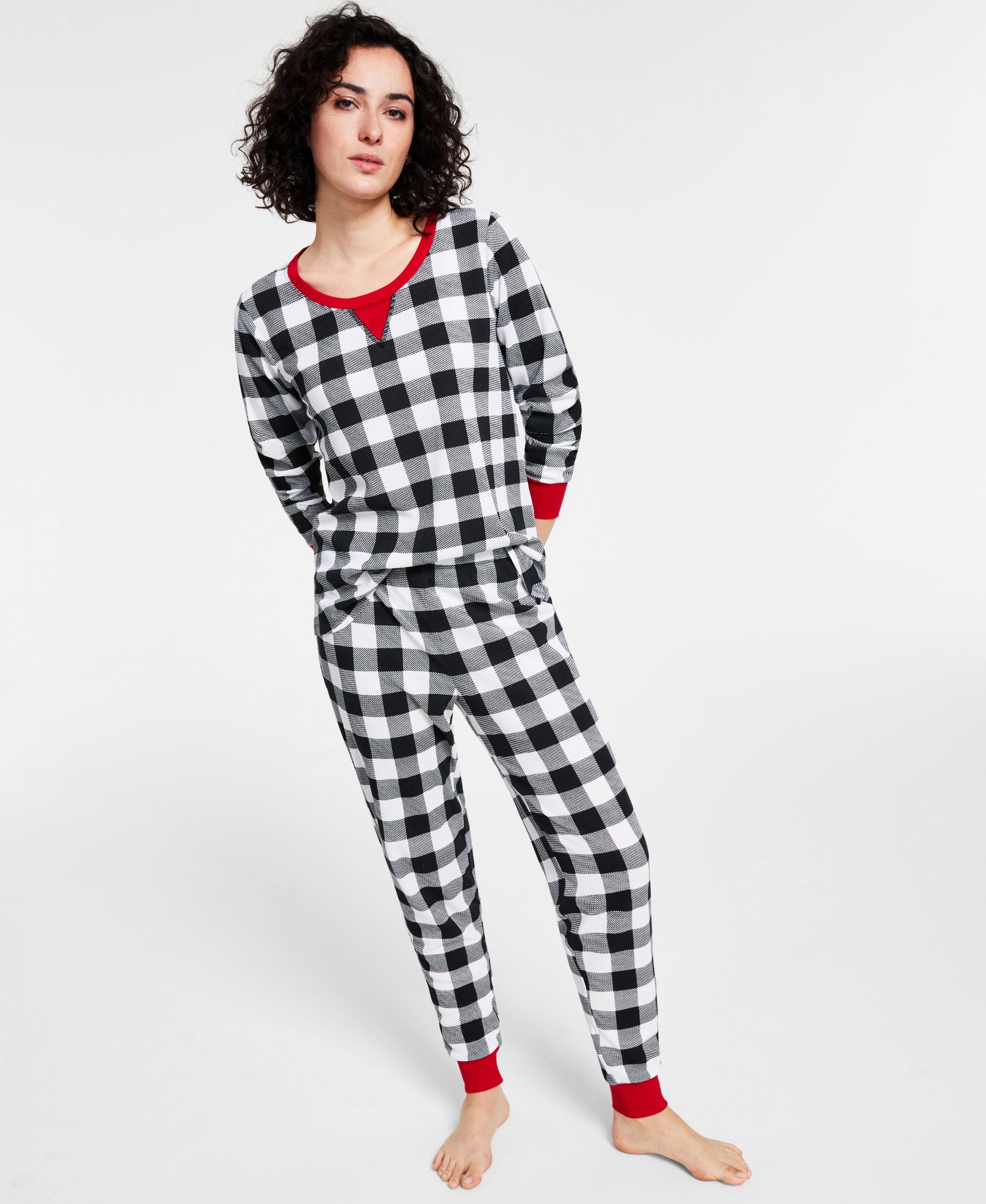Matching Womens Thermal Waffle Buffalo Check Pajama Set