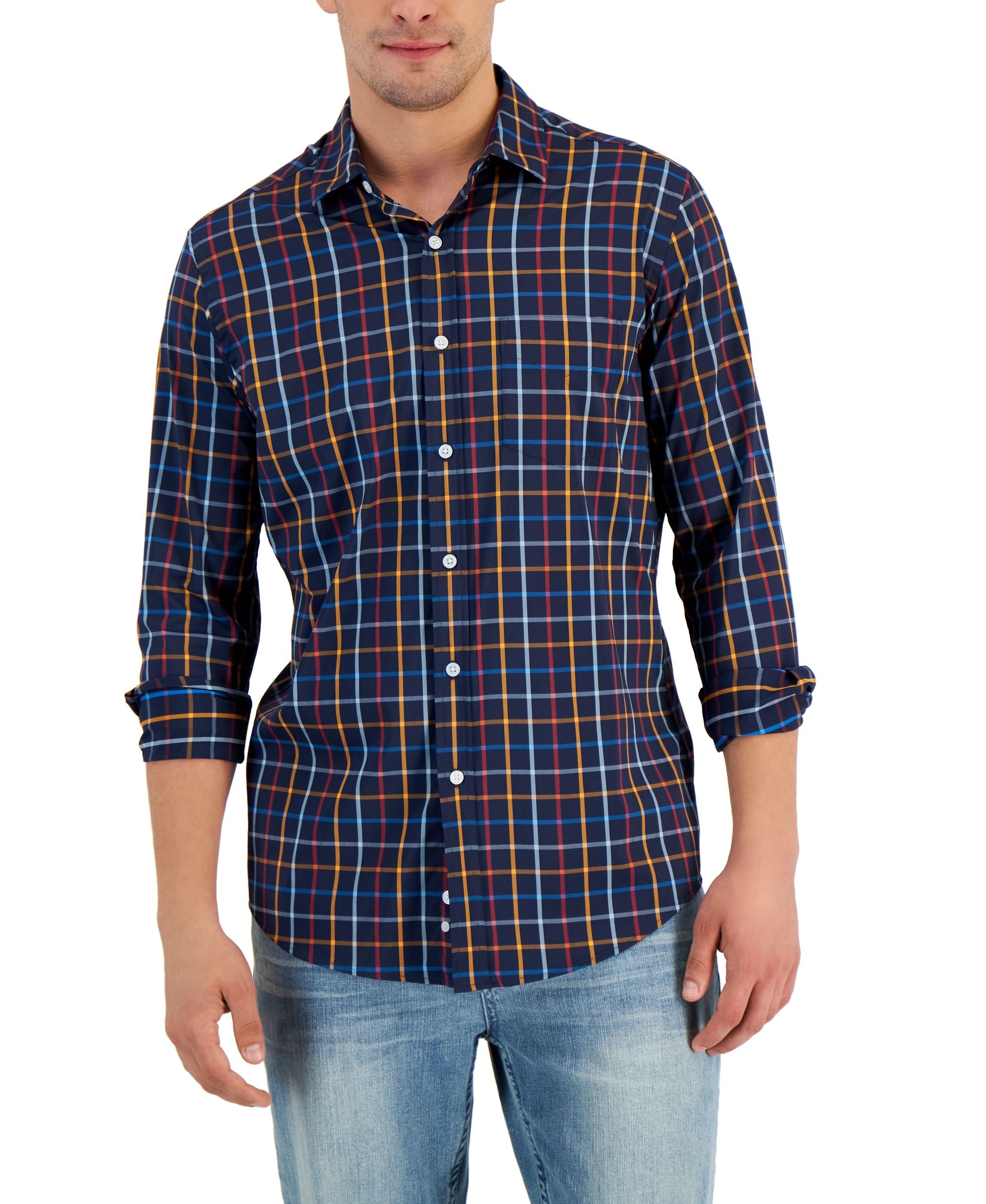 Club Room Mens Plaid Tech Woven Button Up Shirt