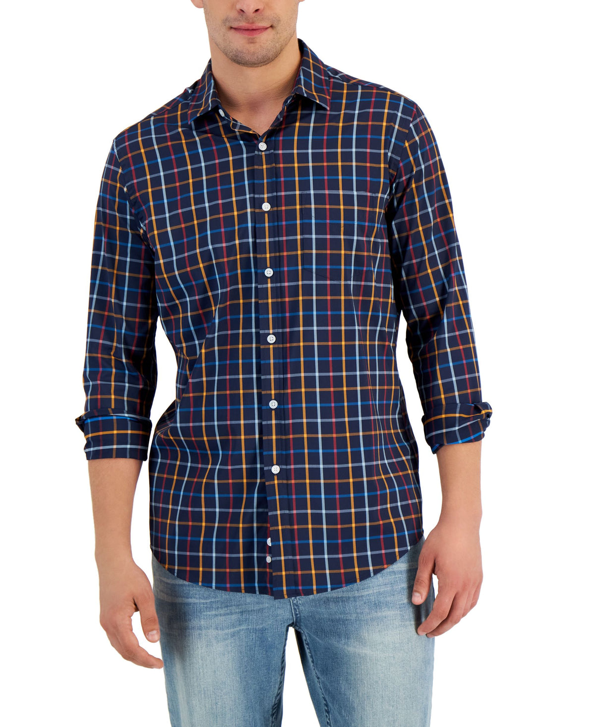 Club Room Mens Plaid Tech Woven Button Up Shirt