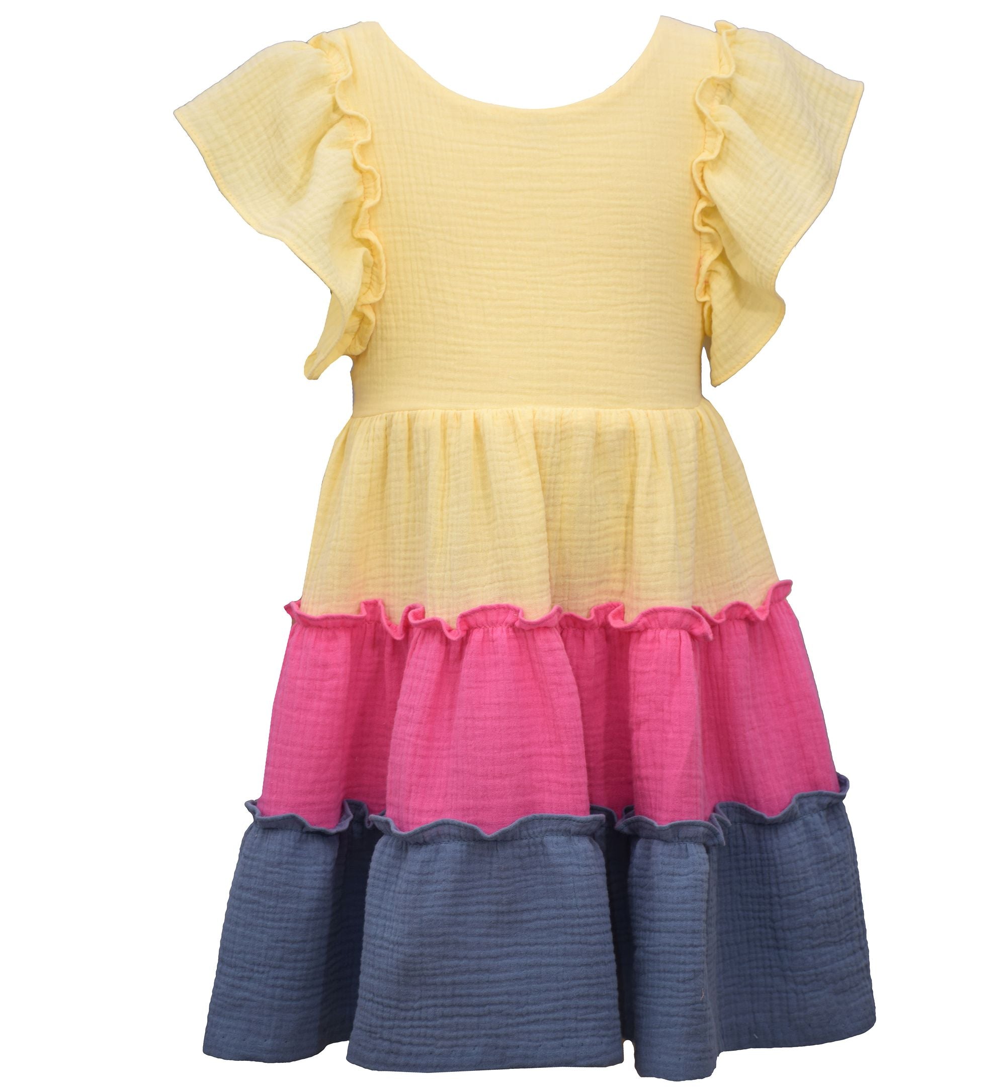 Big Girls Flutter Sleeved Color Blocked Tiered Sun Dress
