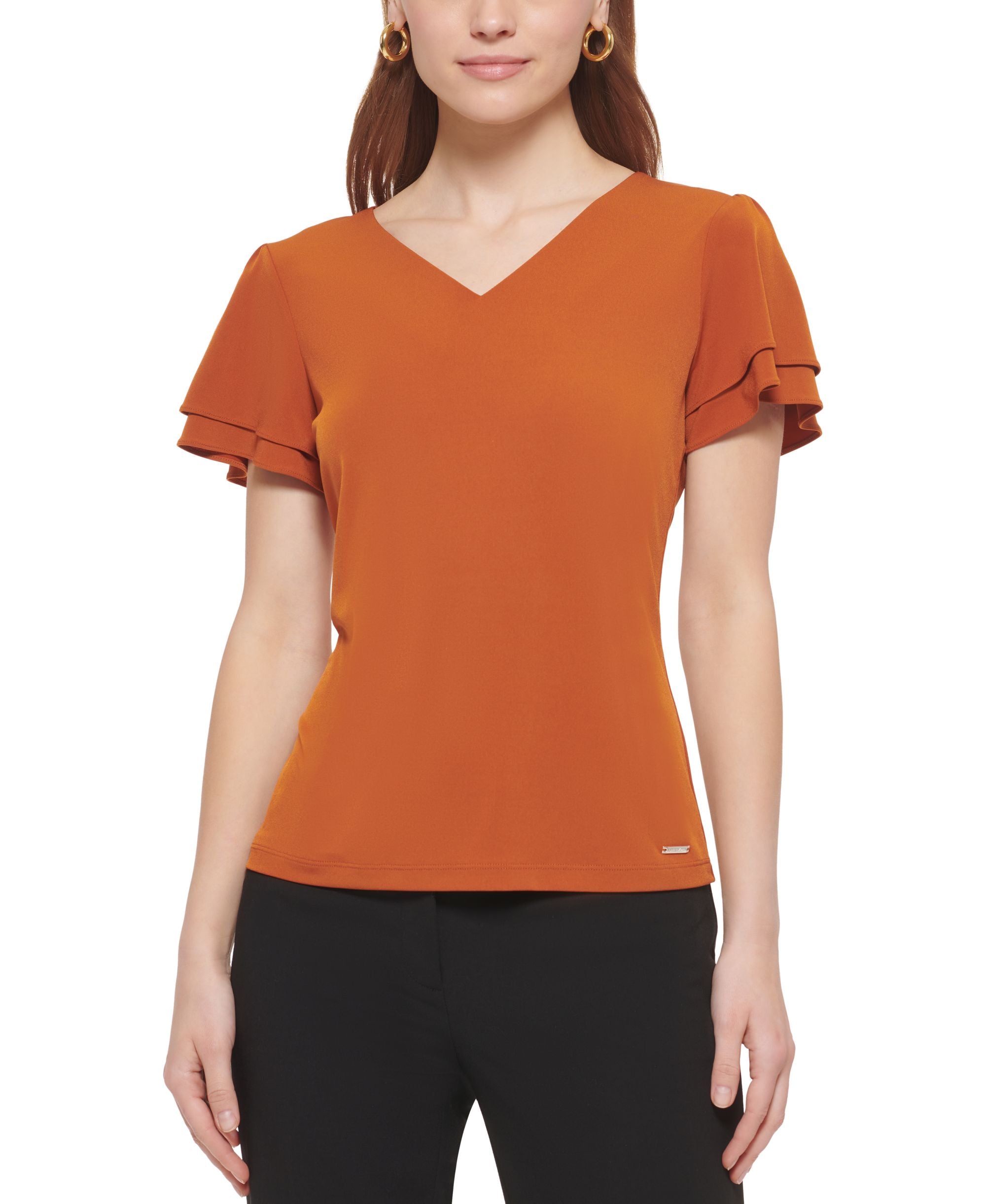 Calvin Klein Petite Solid V Neck Flutter Sleeve Top