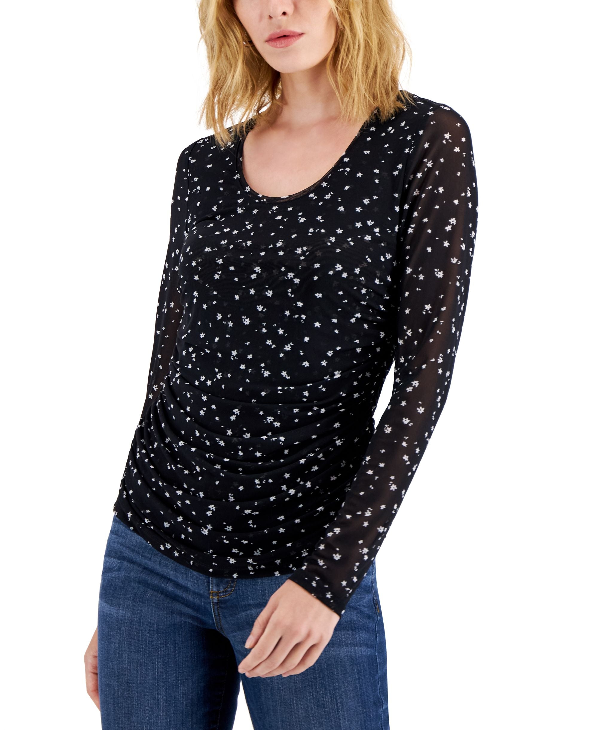 INC International Concepts Womens Printed Side Ruched Mesh Top