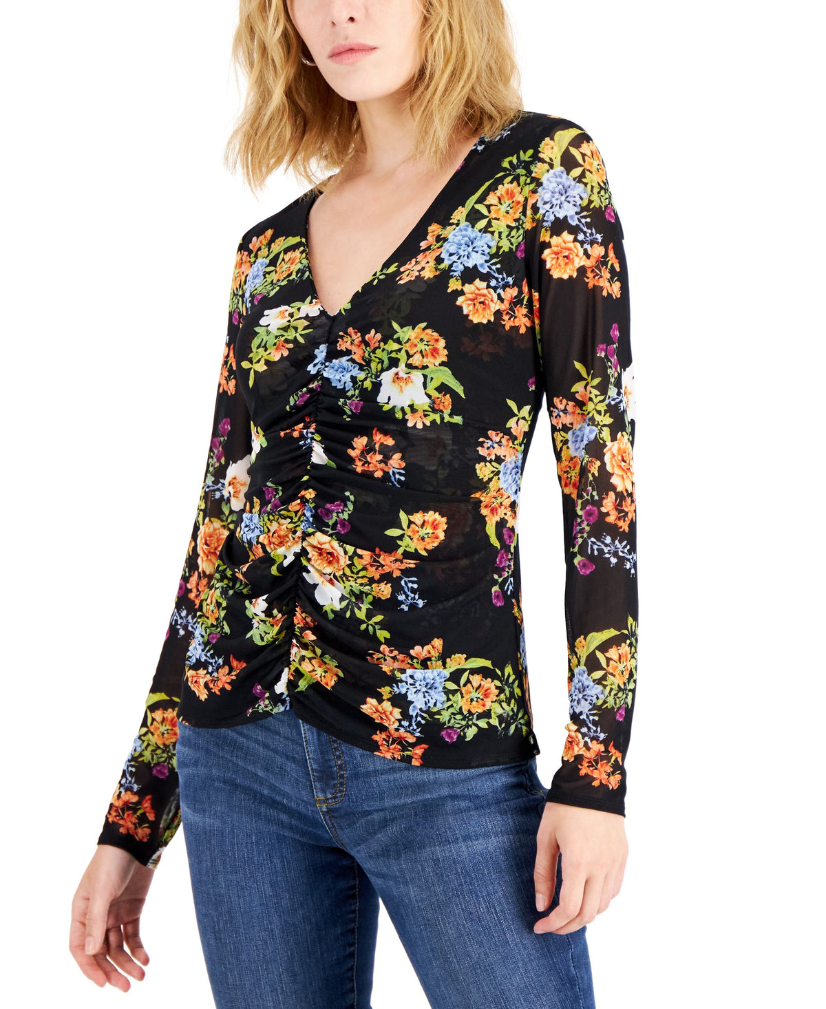 INC International Concepts Womens Floral Print Ruched Center V Neck Mesh Top
