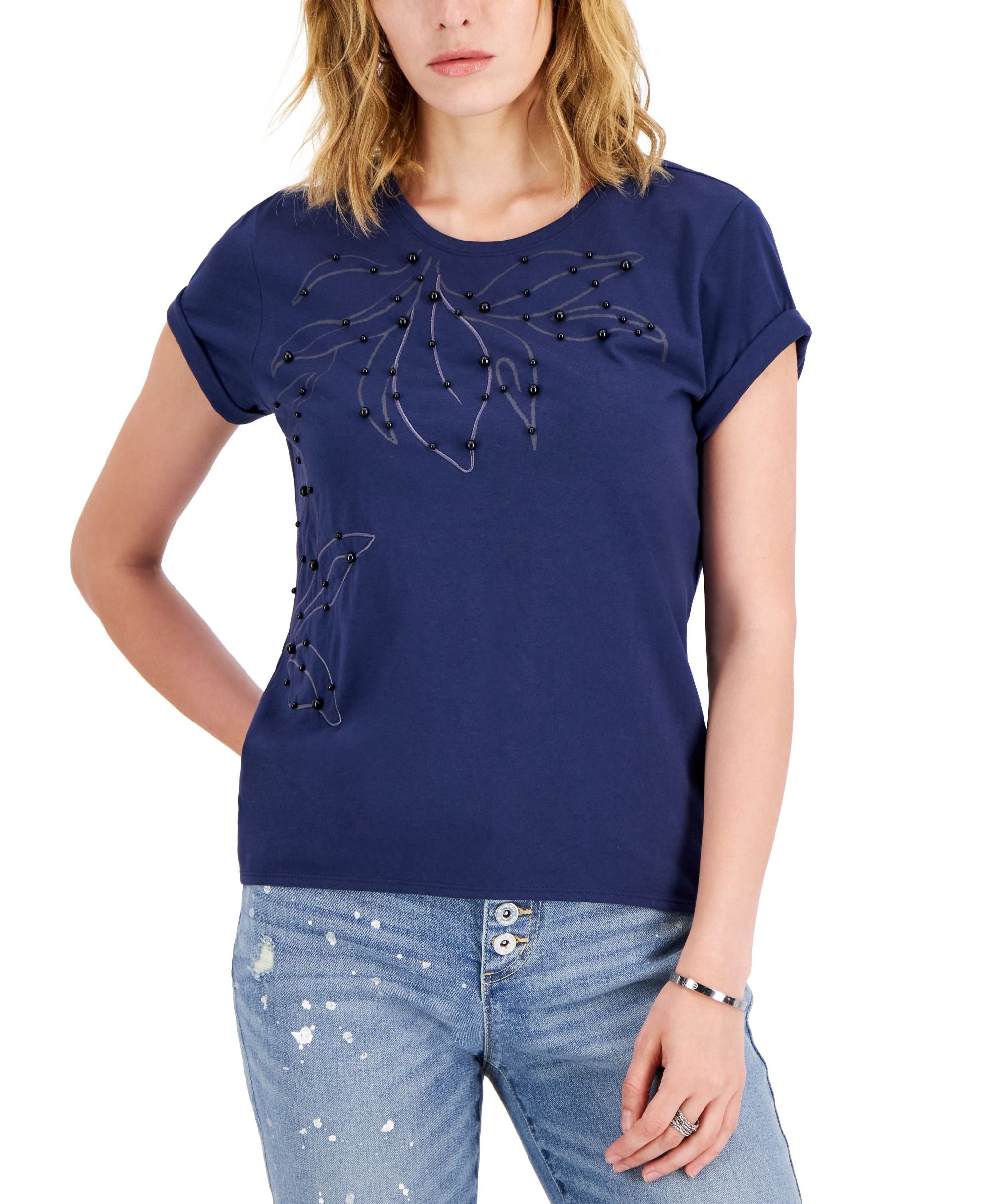 INC International Concepts Womens Embroidered Embellished Rolled Cuff Top